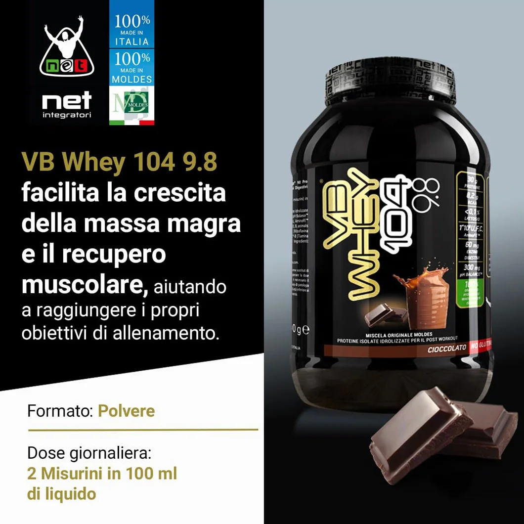 NET Integratori VB WHEY 104 9.8 Optipep 900g Cioccolato Proteine Isolate Idrolizzate EAA BCAA