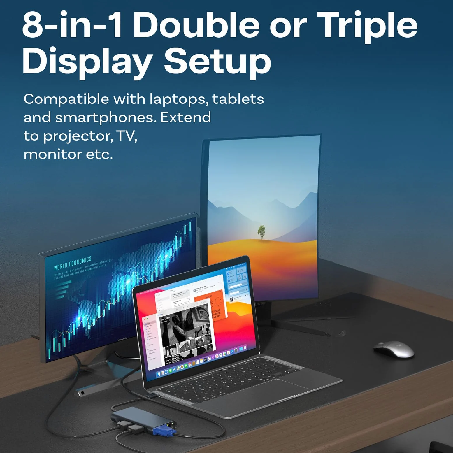 MMOBIEL Hub da USB-C a Doppio HDMI - Adattatore 8-in-1 USB-Hub e 100W PD - Docking Station per USB 3.0, 2x USB 2.0, 2x HDMI, VGA, PD e ETH - Triplo display per laptop, smartphone ecc. - Alluminio