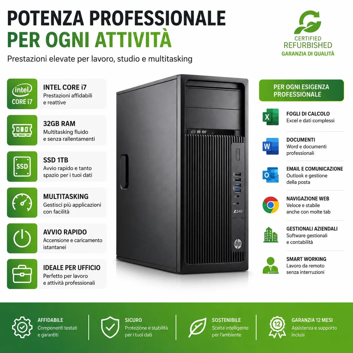 HP Workstation Z240 PC RICONDIZIONATO, Core i7-6700K, 32GB RAM, 1TB SSD+HDD, NVIDIA Quadro K1200 4GB, Win 11 Pro + Office 365
