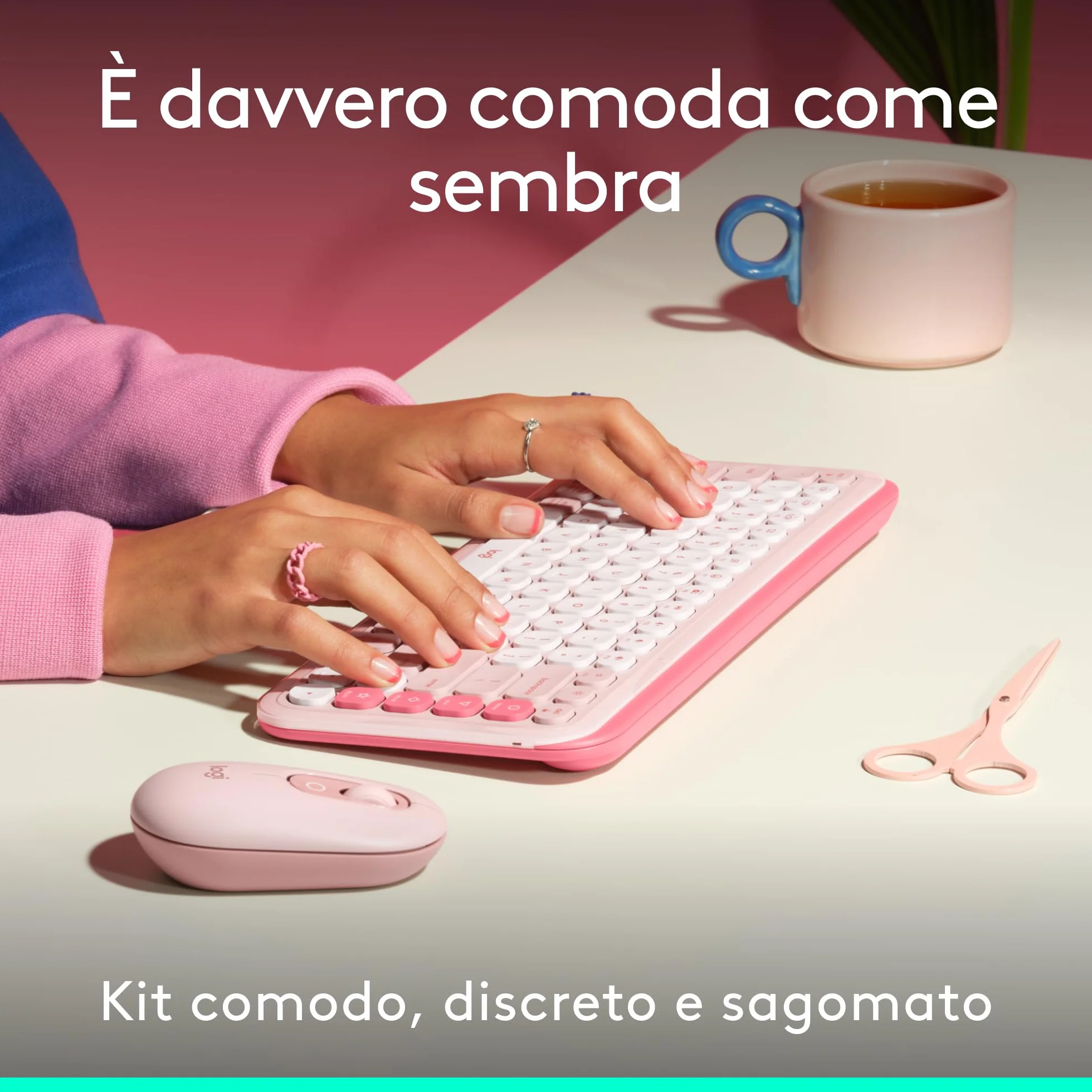 Logitech Pop Icon Combo, kit mouse e tastiera Bluetooth, digitazione comoda, tasti e pulsanti programmabili, clic discreti, Easy-Switch fino a 3 dispositivi, ITA QWERTY – Rosa