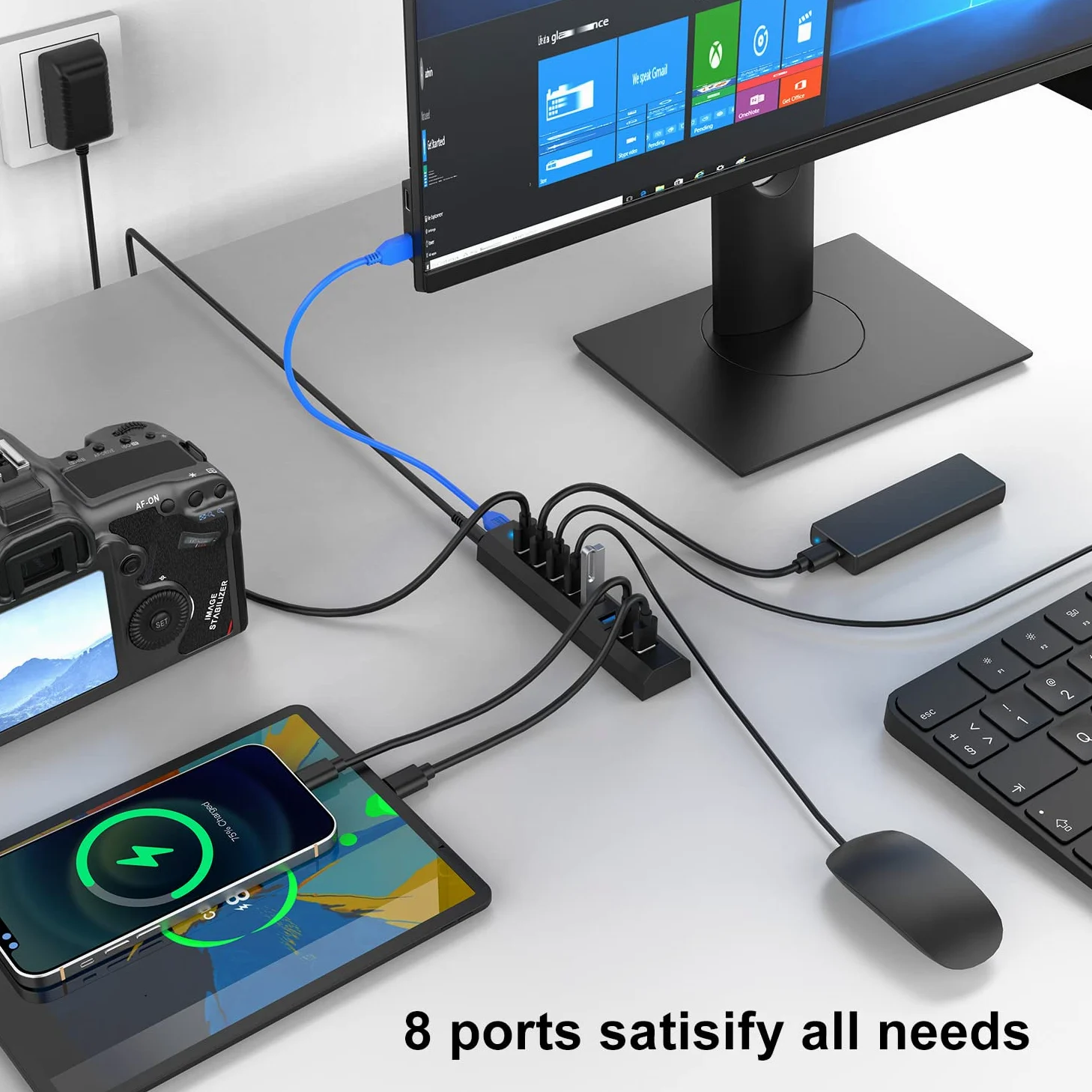 RAOYI Hub USB 3.0 alimentato, 8 porte ad alta velocità USB 3.0 Hub Splitter con adattatore di alimentazione da 36 W, cavo da 1 m e hub USB per caricabatterie rapido intelligente per laptop, PC, HDD