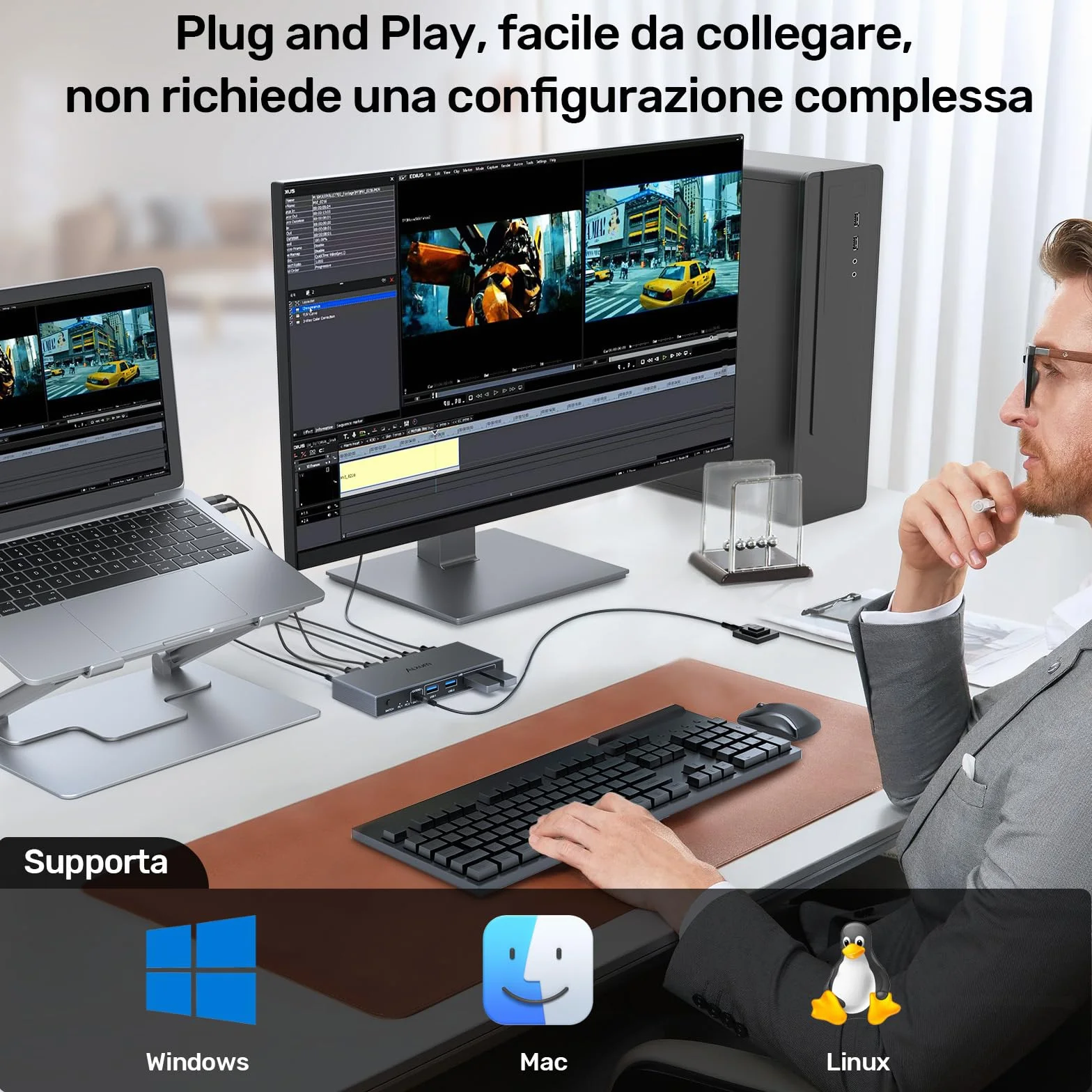 Alxum USB HDMI 2 PC KVM switch 1 monitor che supporta 4K60HZ, due computer per condividere uno schermo con quattro porte USB, tra cui controller desktop, 2 cavi USB e adattatore di alimentazione