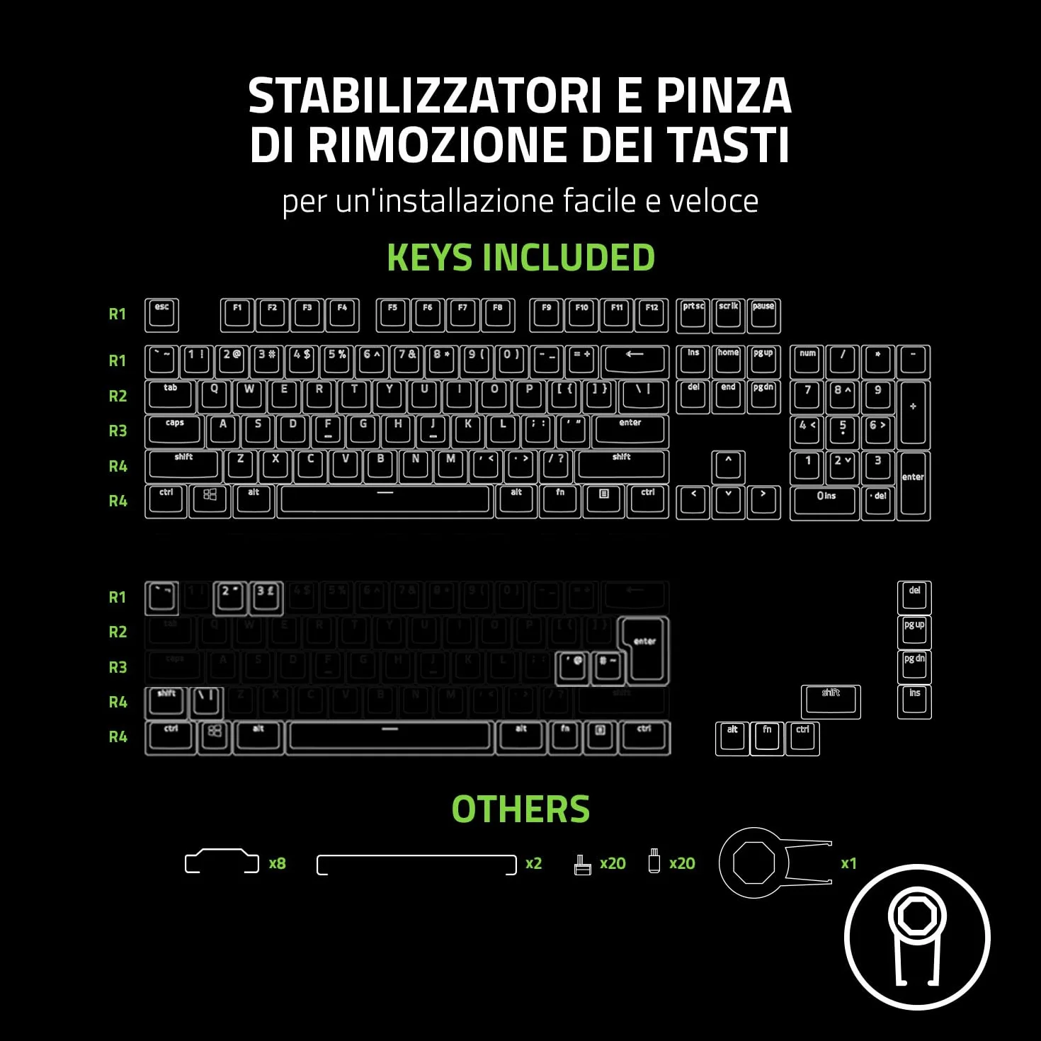 Razer Phantom Kit di upgrade dei tasti - Esclusivi tasti stealth con lati traslucidi che risplendono con l'illuminazione Razer Chroma RGB, US- & UK-Layout, Bianco