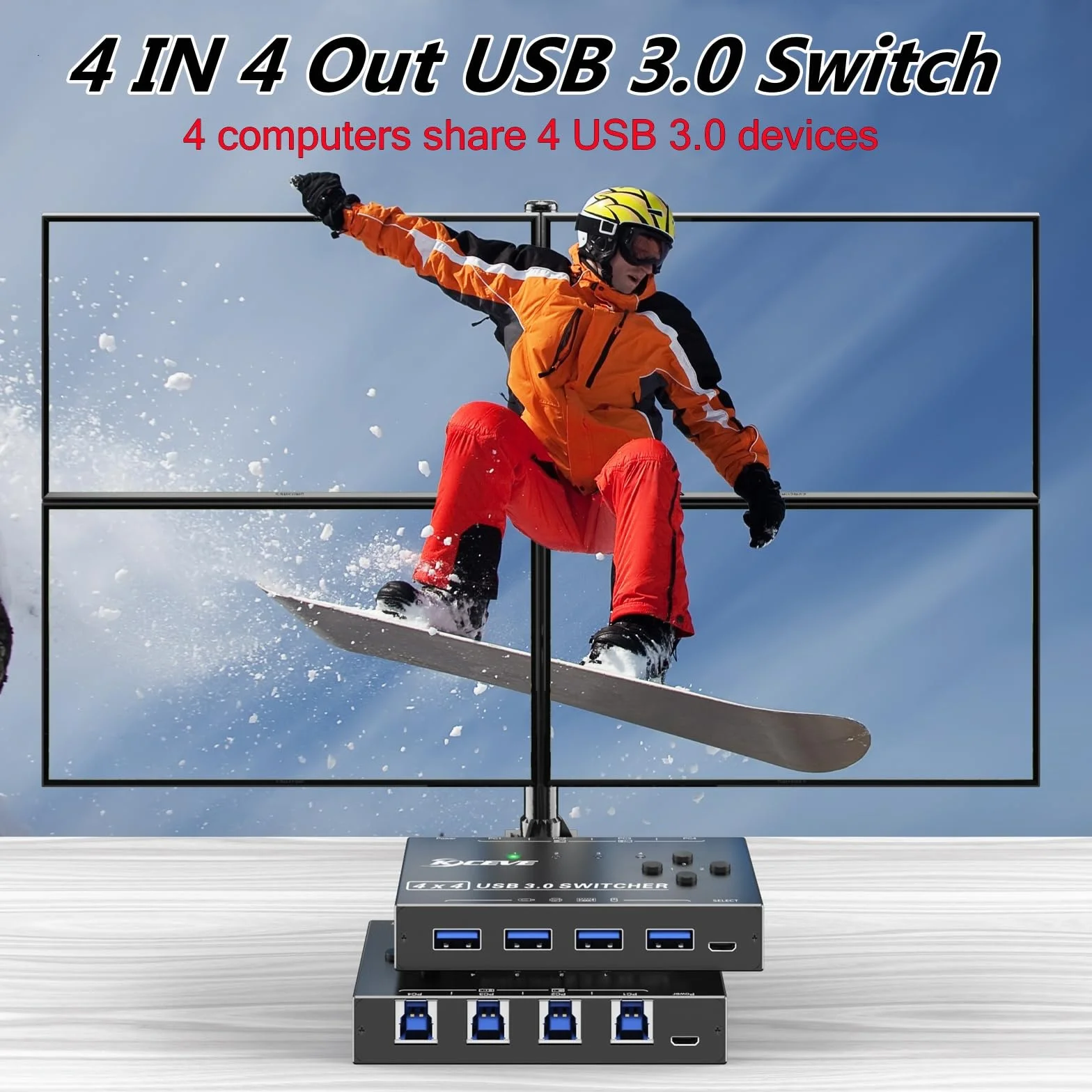 Switch USB 3.0 4 computer, selettore switch USB a 4 porte Condivisione di 4 dispositivi USB, mouse, tastiera, scanner, stampante, PC Compatibile con Mac/Windows/Linux. Con telecomando cablato