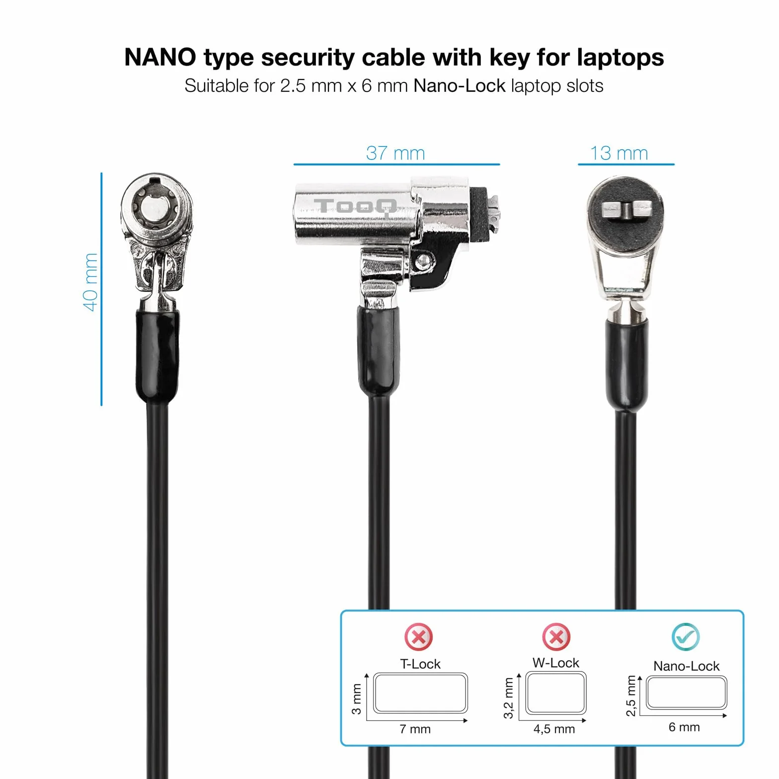 TOOQ TQCLKC0045-G - Cavo di sicurezza con slot tipo Nano con chiave per laptop 1,5 metri, Grigio scuro