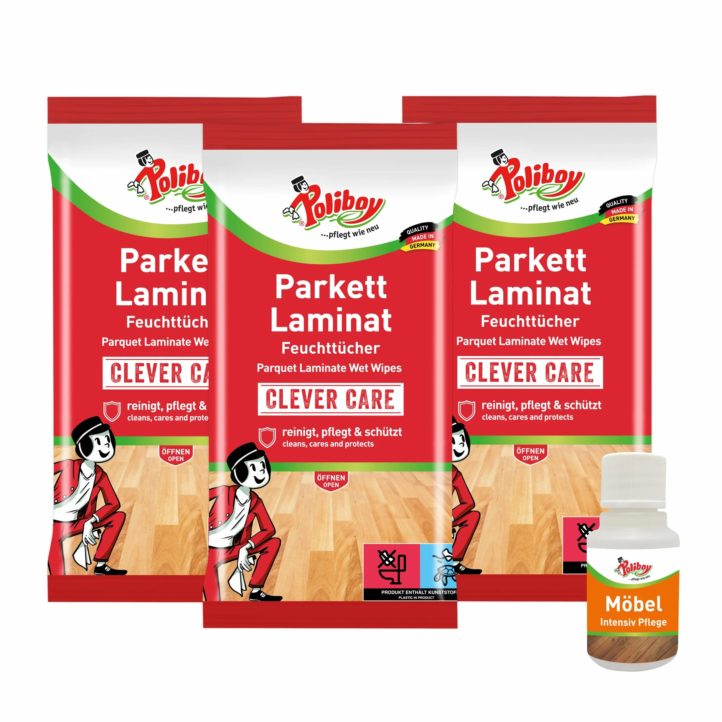 Poliboy salviettine umidificate per parquet laminato 3x15 salviette made in Germany