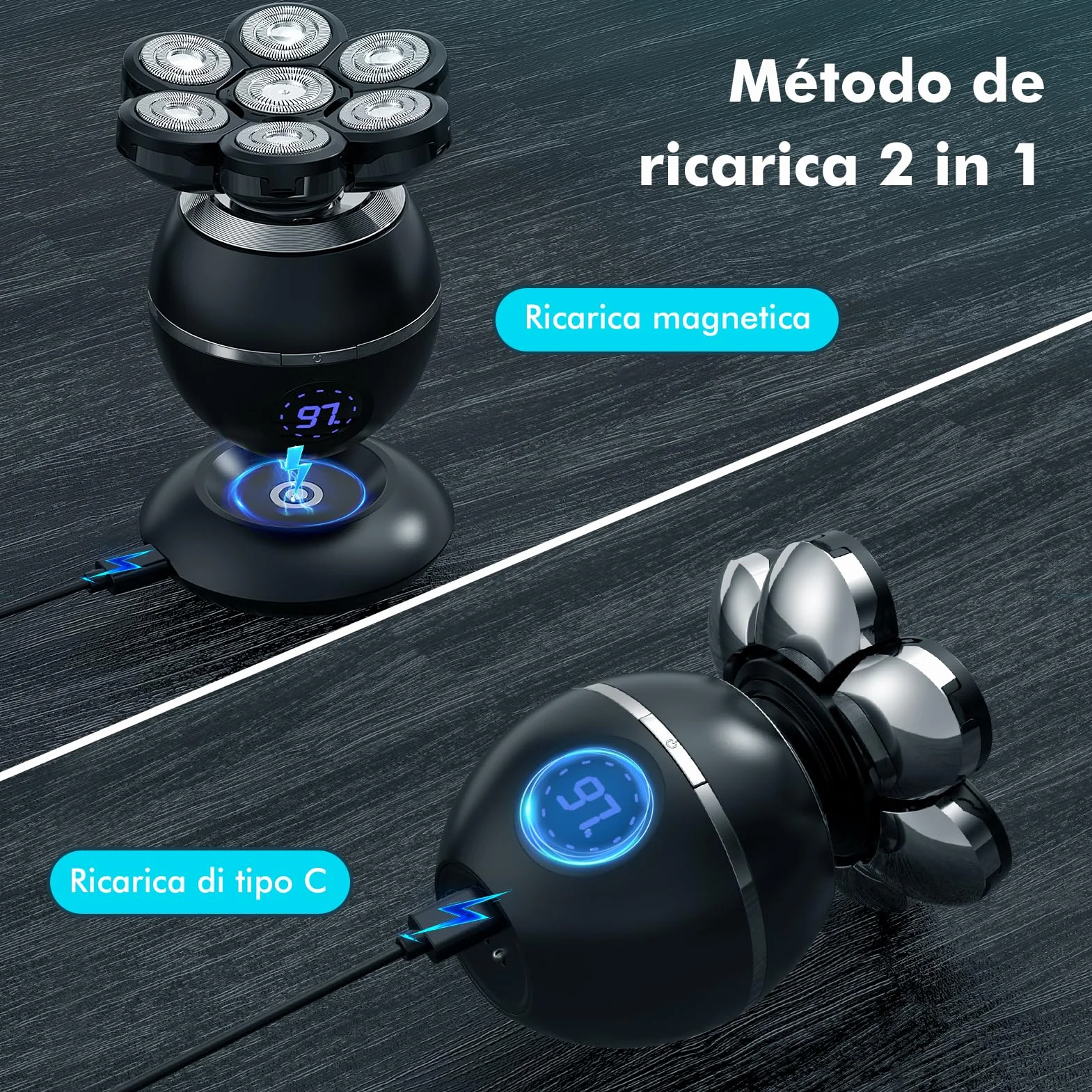 7D Rasoio Elettrico Barba Testa Calva Uomo IPX7 Impermeabile 6 in 1 con Display LED 9 Kit di Bellezza