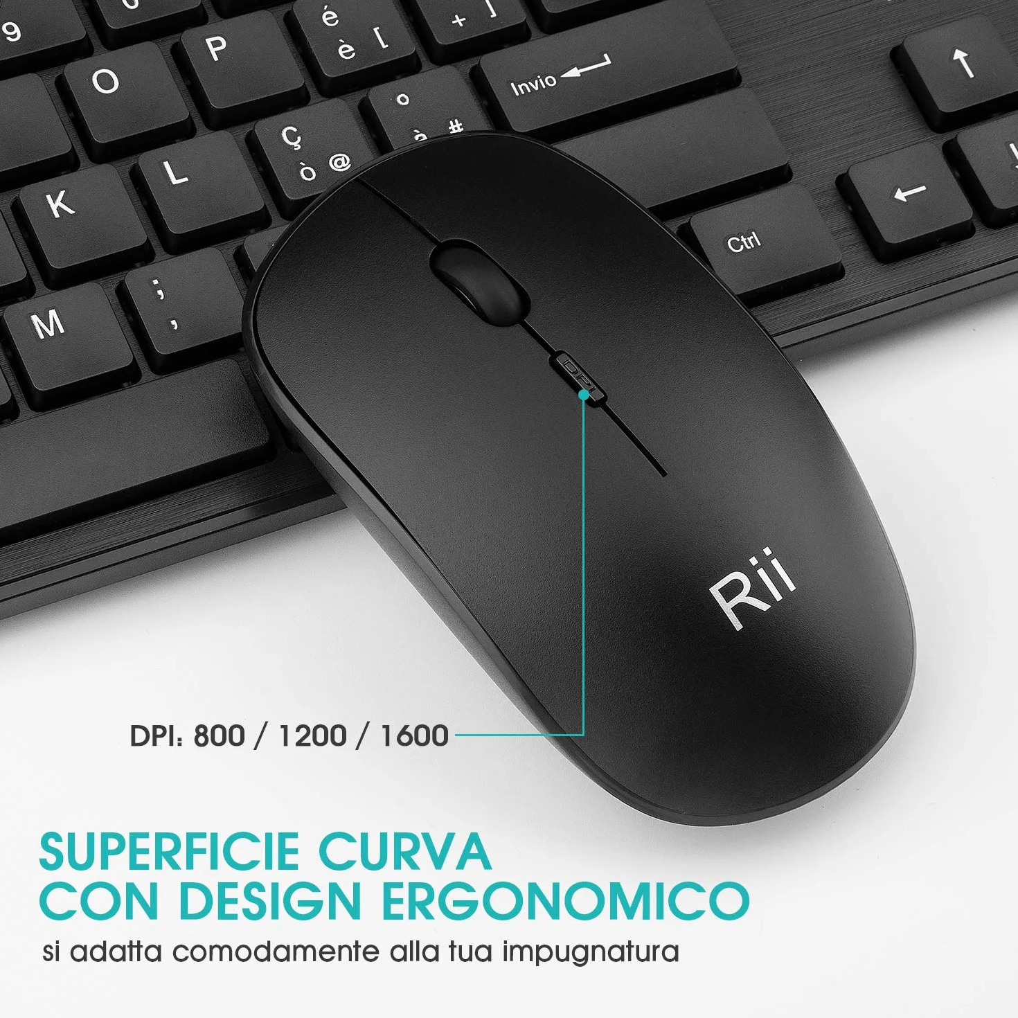 Rii RK200 Wireless - Set Tastiera e Mouse Senza Fili, Tastiera silenziosa con tastierino numerico, Mouse con sensibilità Regolabile, Design Elegante e Minimalista