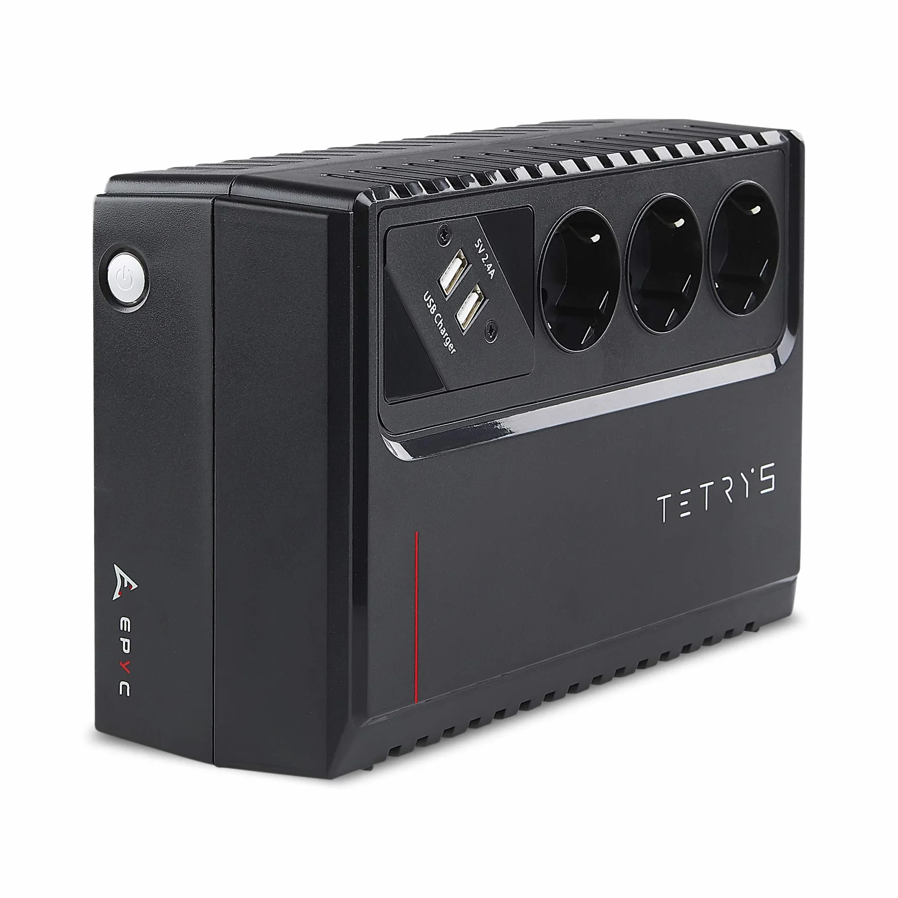 EPYC® TETRYS - UPS a Ciabatta Multipresa, Potenza 850VA/480Watt, Gruppo di Continuità per PC, Tecnologia Line Interactive, AVR, 3 Uscite Schuko, Doppio Caricabatterie Smartphone e Tablet, UPS 800VA