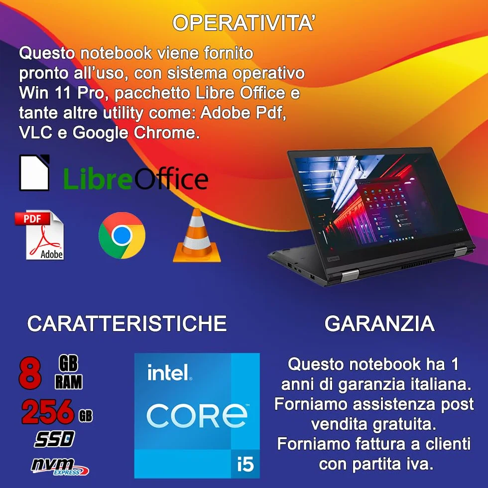Lenovo ThinkPad Yoga x390 TouchScreen Pieghevole Full HD Intel Core i5-8th 256GB SSD 8GB RAM DDR4 Windows 11 Pro