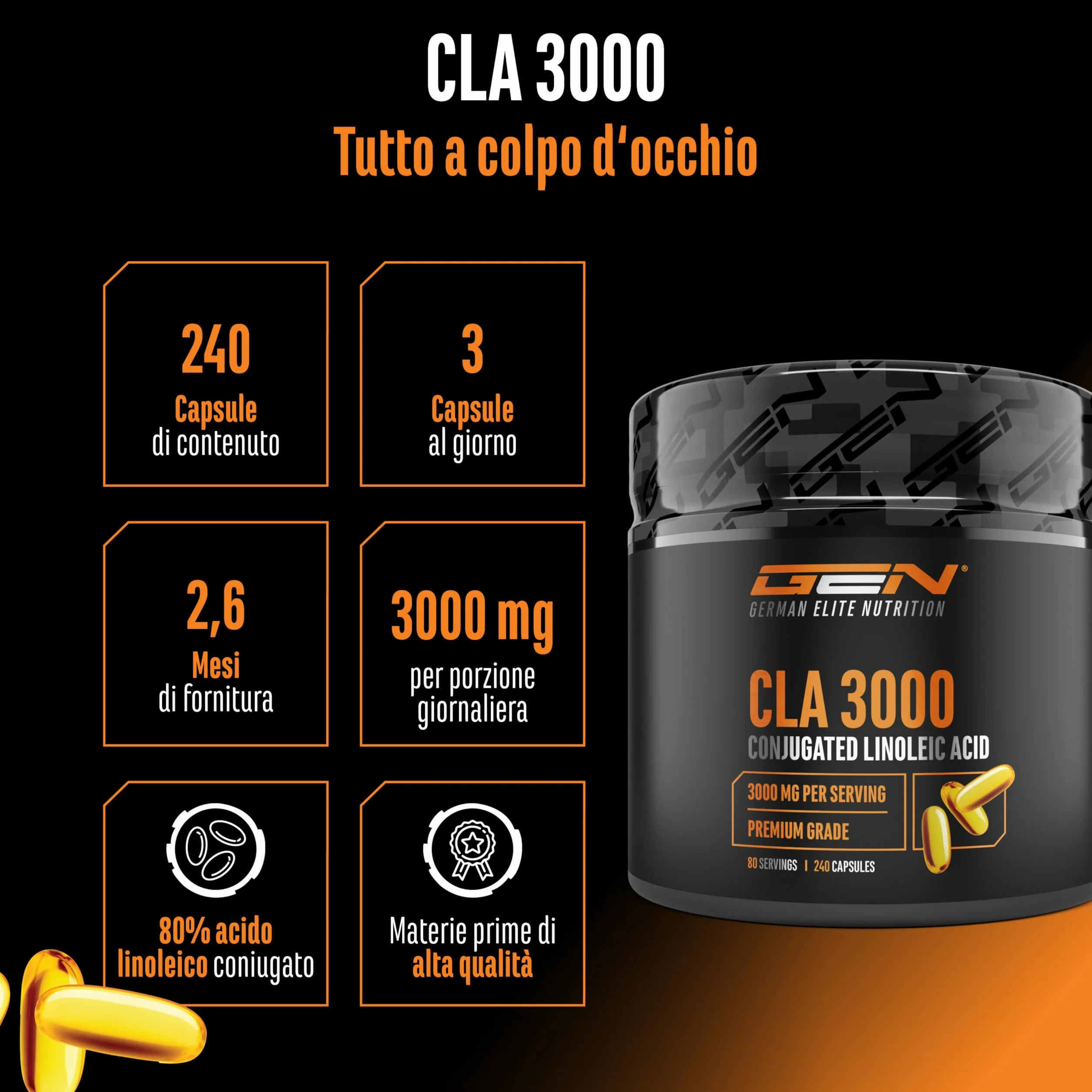 German Elite Nutrition CLA 240 capsule 1000 mg Acido linoleico coniugato puro Alto dosaggio 3000 mg