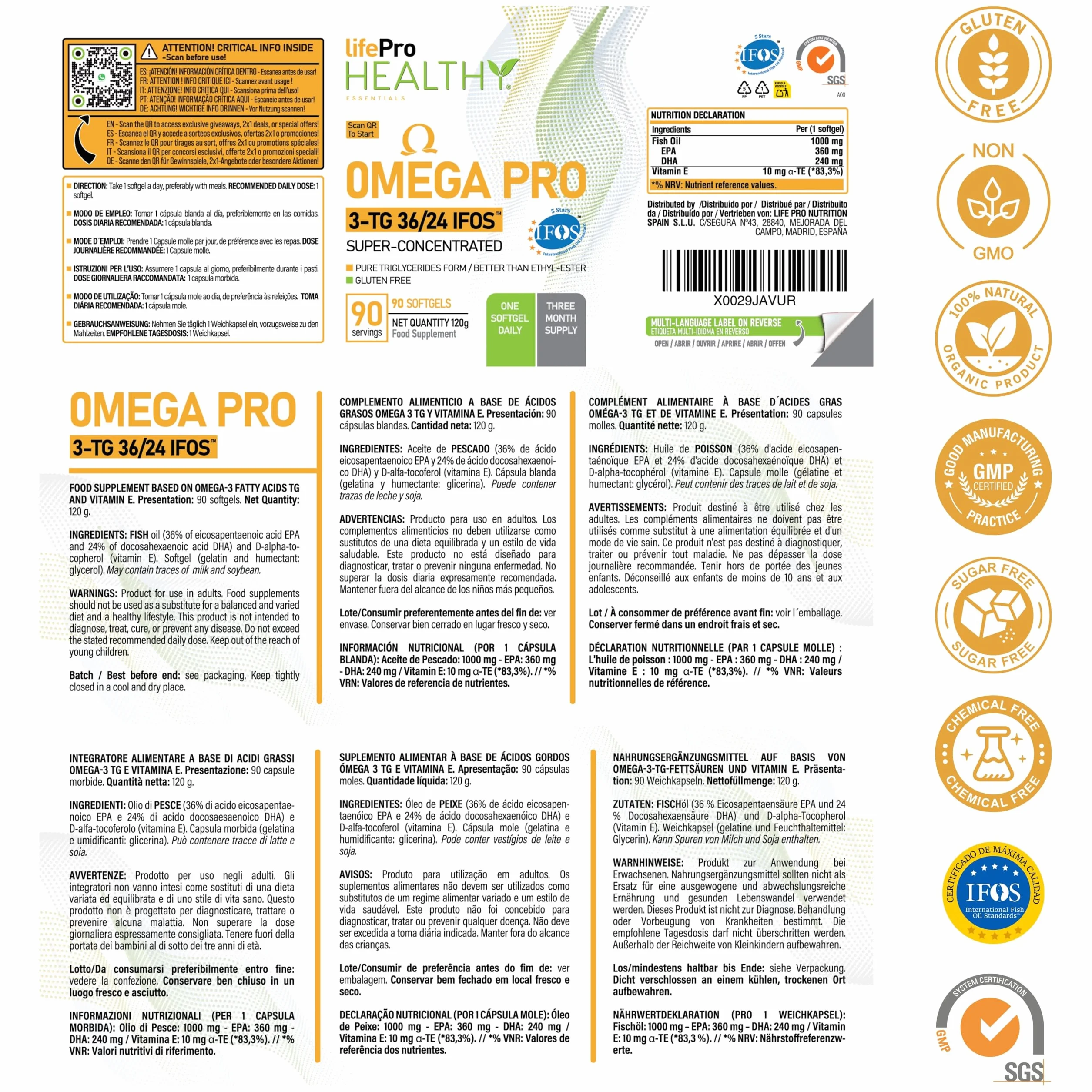 Life Pro Healthy Omega 3 Capsule IFOS 3000mg 35% EPA 25% DHA Olio di Pesce Puro Distillato