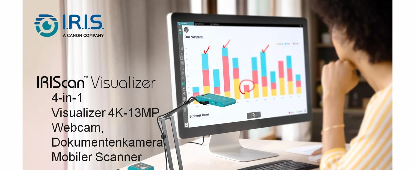 Iriscan Visualizer Webcam per documenti v7: 4K UltraHD-13MP, 4 in 1, visualizzatore, scanner A3, scanner documenti, videoconferenza, microfono intelligente, autofocus, LED, USB WinMac