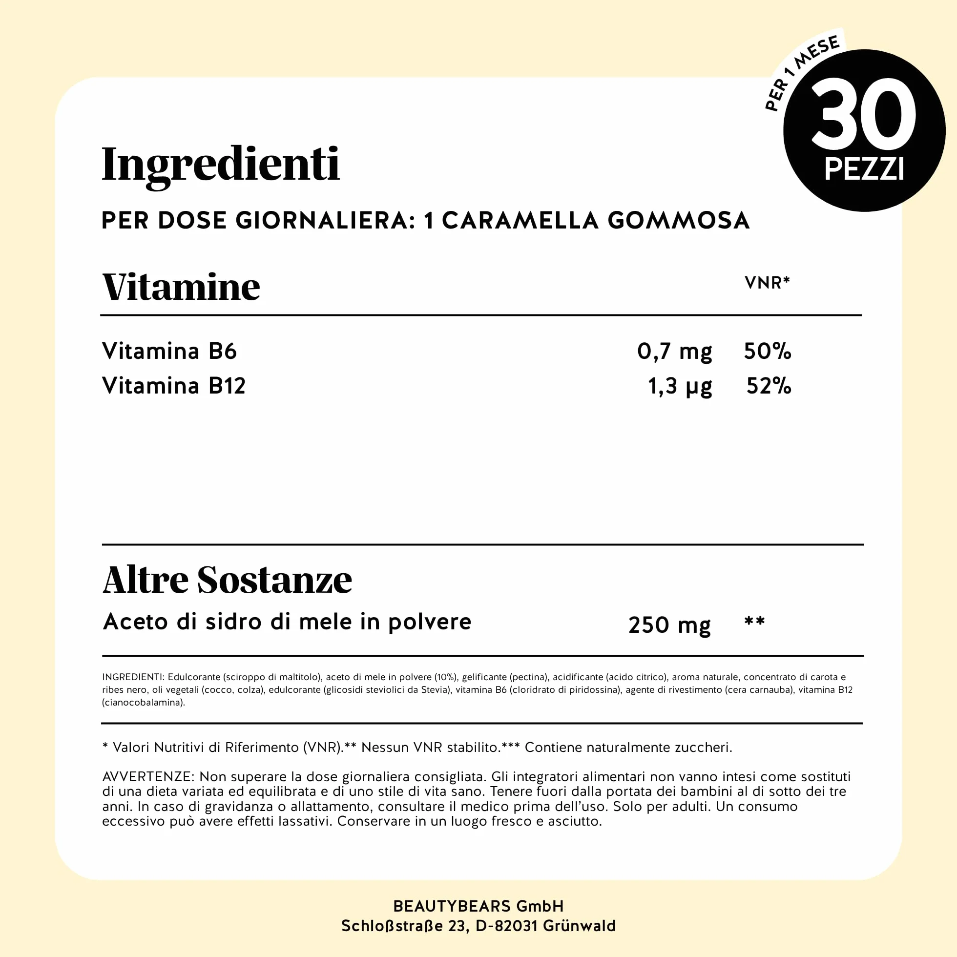 Happy Belly Debloat Aceto di Mele Gommose 7500mg Vitamina B6 B12 30 Pezzi Senza Zuccheri Vegano