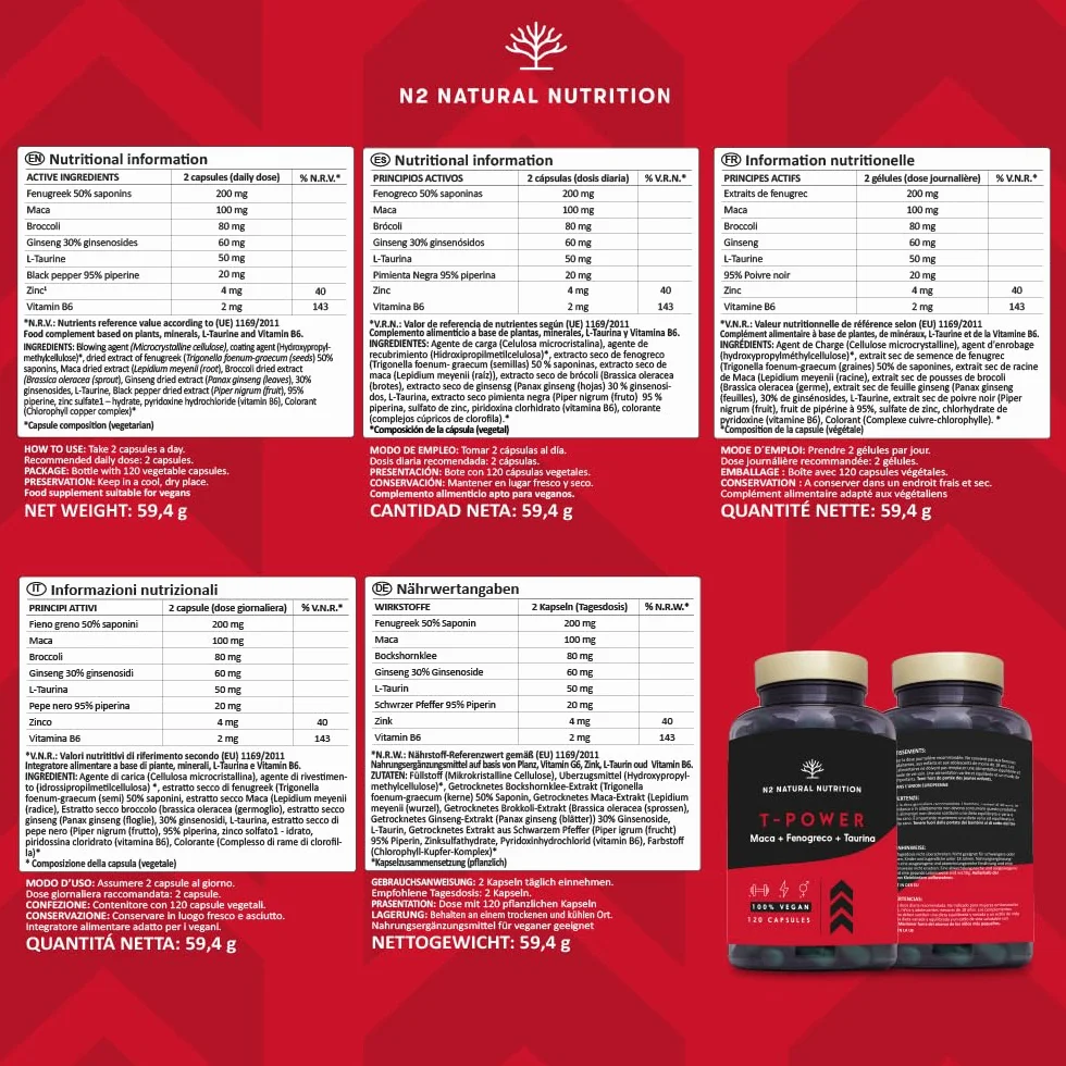Integratore Testosterone Uomo con Maca, Taurina, Fieno Greco, Ginseng, Zinco e B6 - 120 Capsule N2 Natural Nutrition