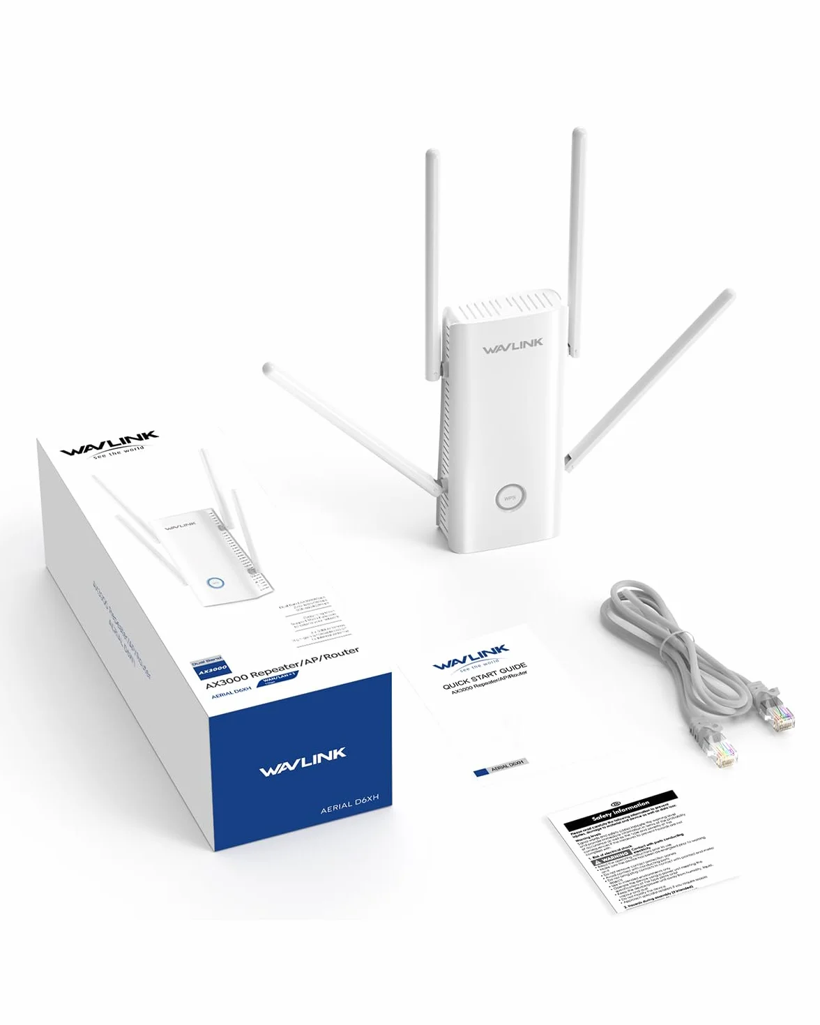 WAVLINK Ripetitore WiFi 6 Potente per Casa, Amplificatore Segnale wifi AX3000 con porta Ethernet, Doppia Banda(5GHz/2.4GHz) Access point WiFi Extender Antenne 5 * 5dbi Copertura fino a 3000sq.ft
