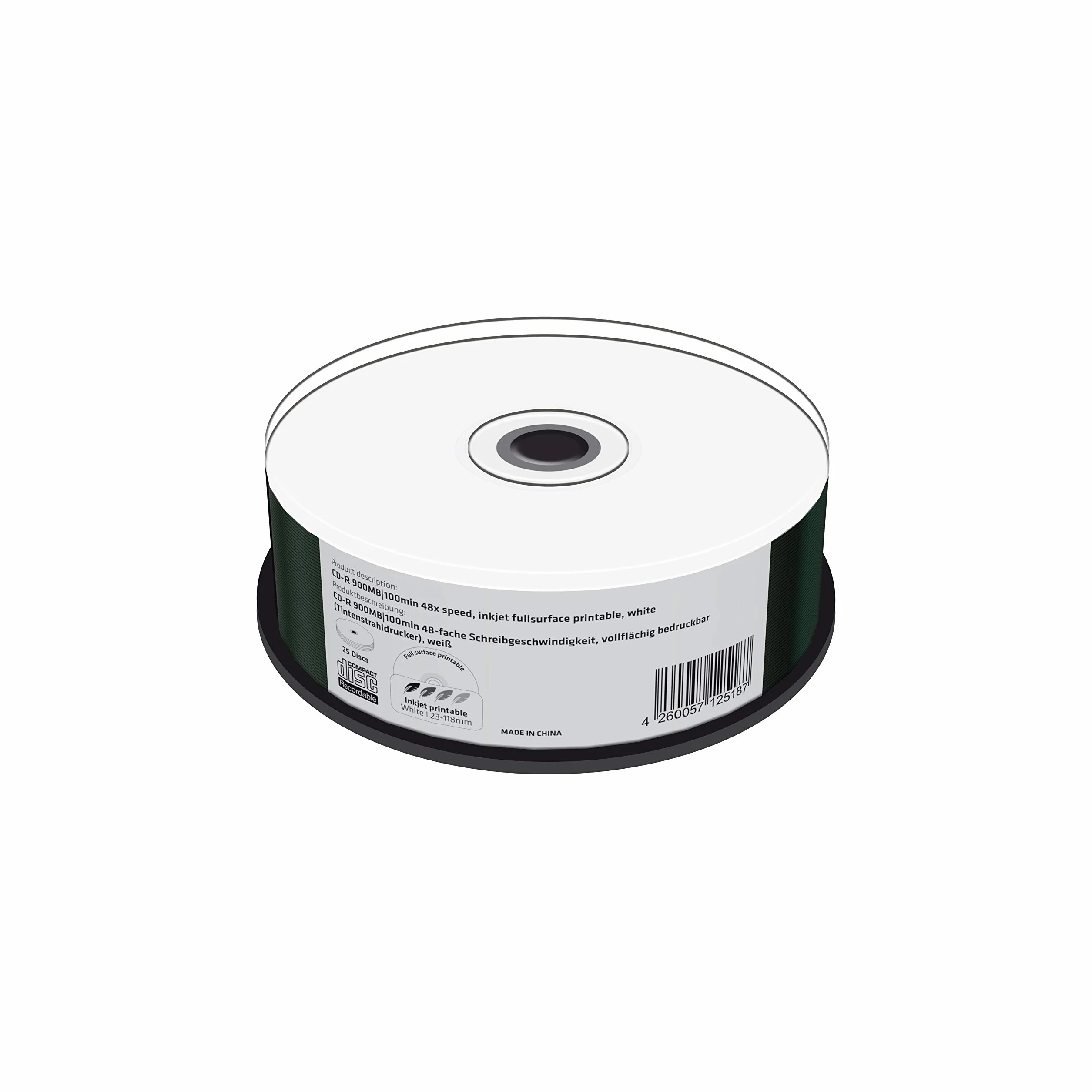 CD-R 900 MB|100 min velocità di Scrittura 48x, stampabile su Tutta la Superficie (Stampante a Getto d'inchiostro), 25 scatole per Torte