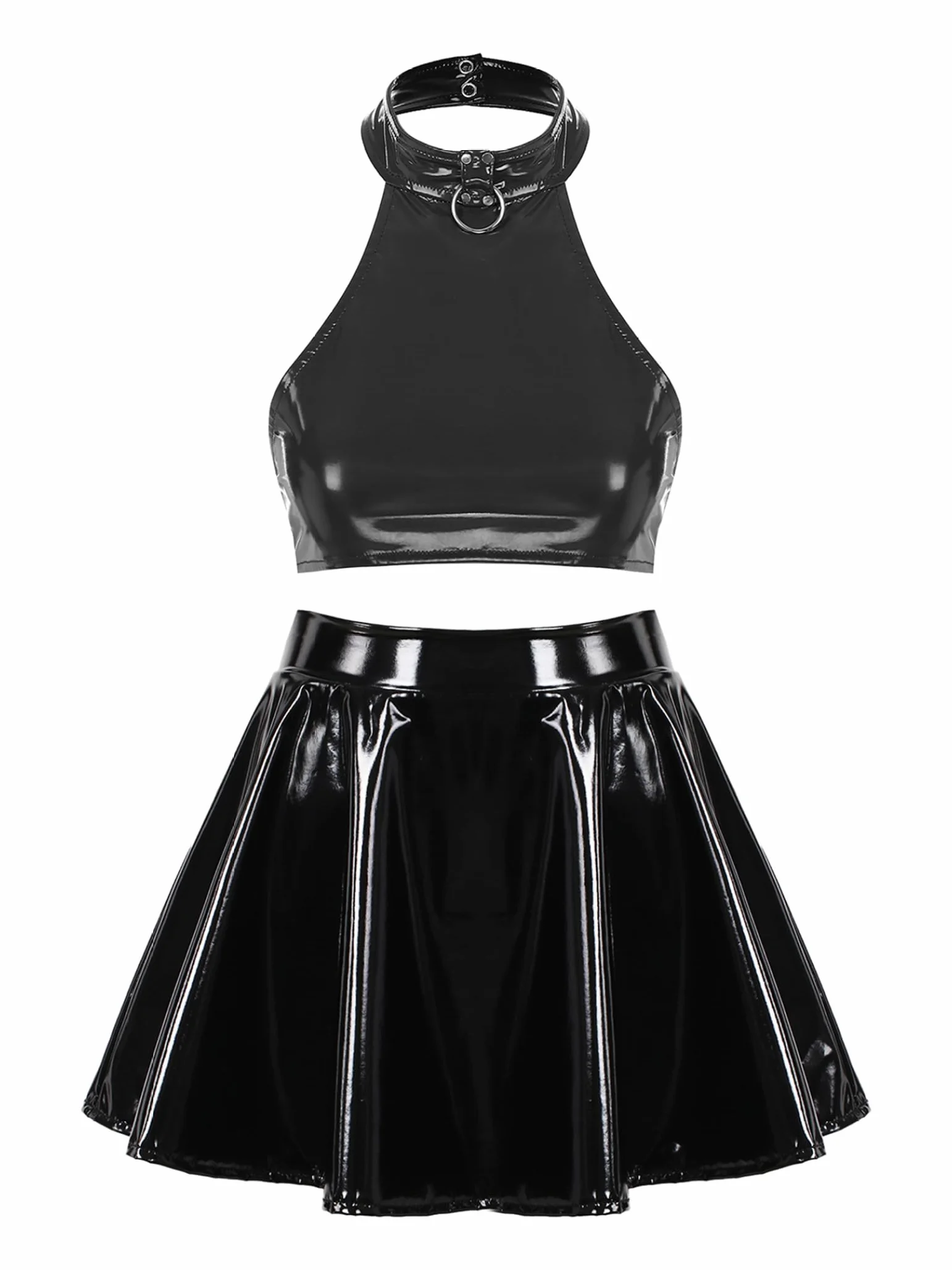 Women Wetlook Latex Lingerie Bustier Crop Top Skater Dress Fetish Party Clubwear