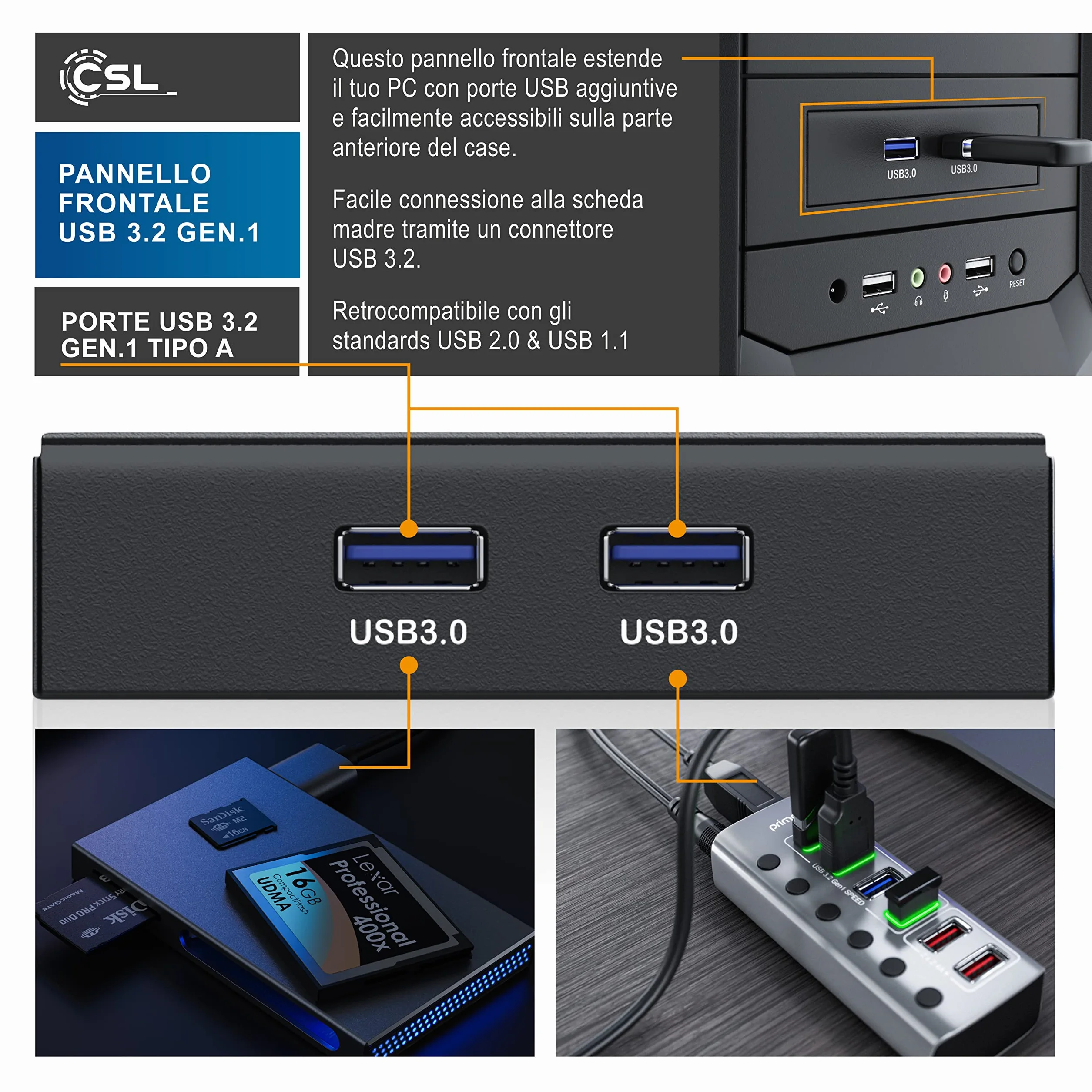 CSL - Pannello Frontale USB 3.2 Super Speed Hub per Drive da 3,5 inch con Cavetto per Scheda Madre a 19 Pin Lungo 50 cm - 8 Viti Incluse – Lettore Schede – Espansione Mobile Rack