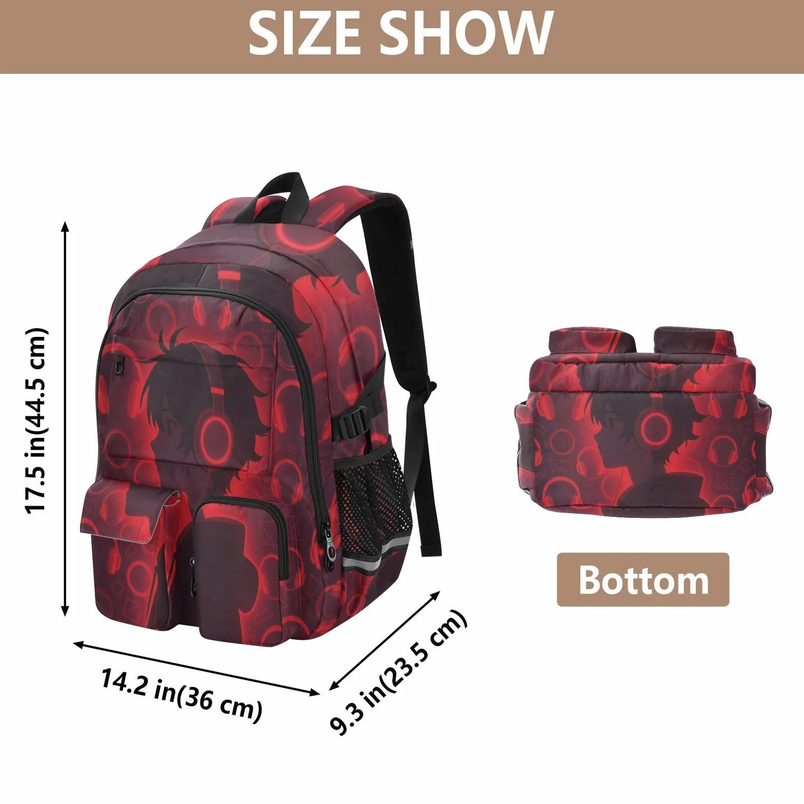 Zaini da viaggio per computer portatile, con motivo anime, con cuffie, colore rosso, 44,5 cm