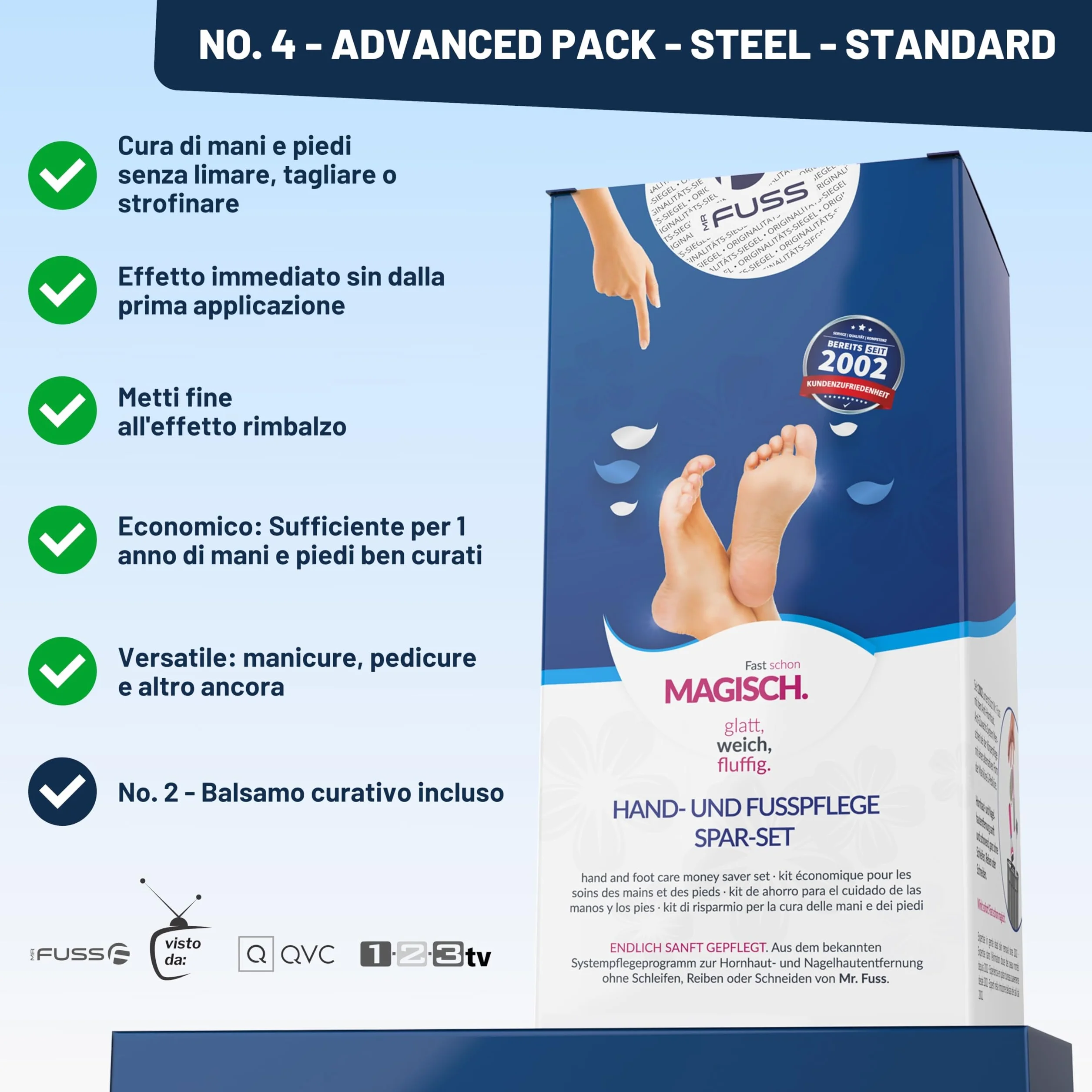 Mr. Fuss N. 4 Advanced Pack Steel Piccolo, rimozione cuticole, 250 ml, 100 ml, raschietto in acciaio