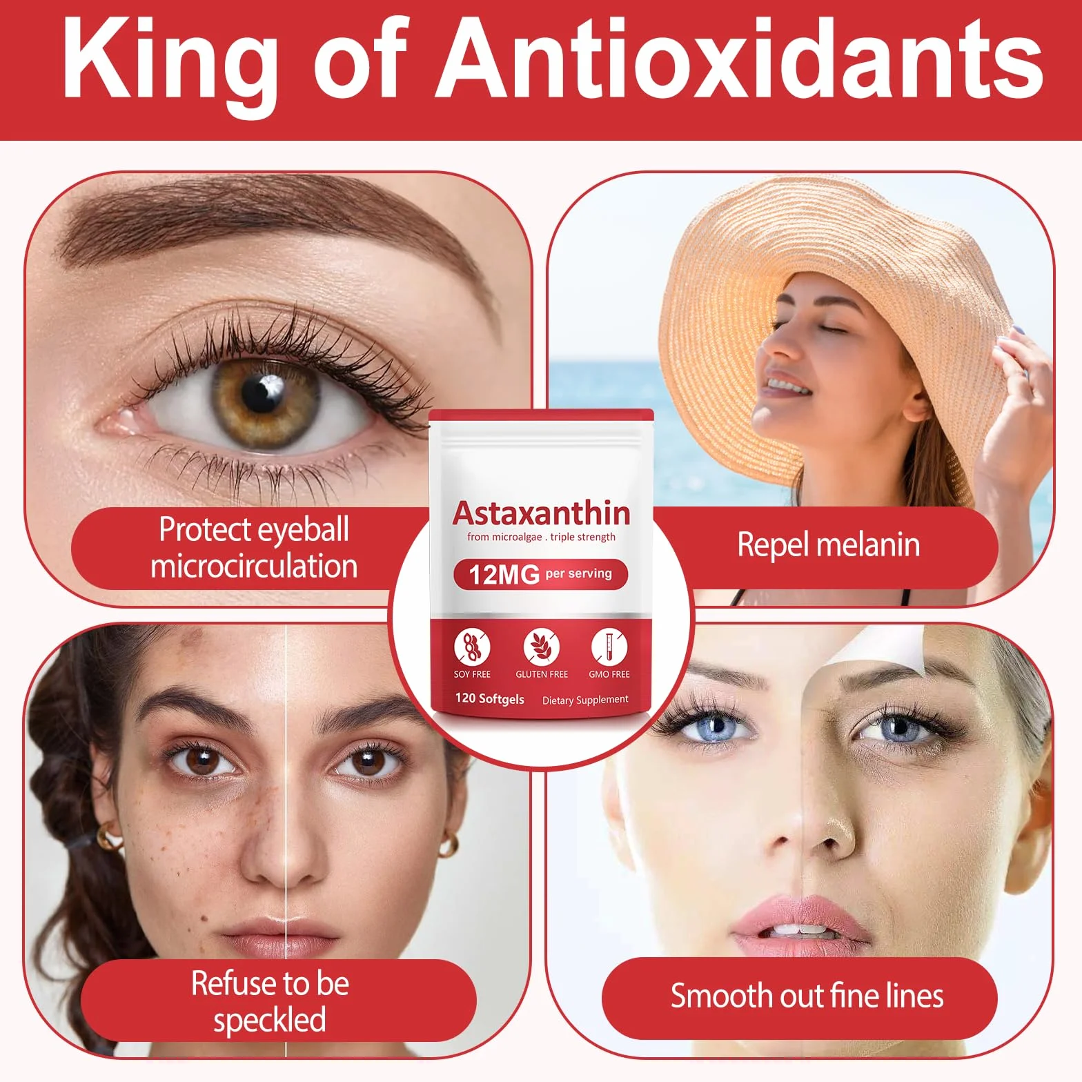 Astaxantina 12 mg 120 Softgel Integratore Antiossidante Tripla Forza Microalghe Fresche