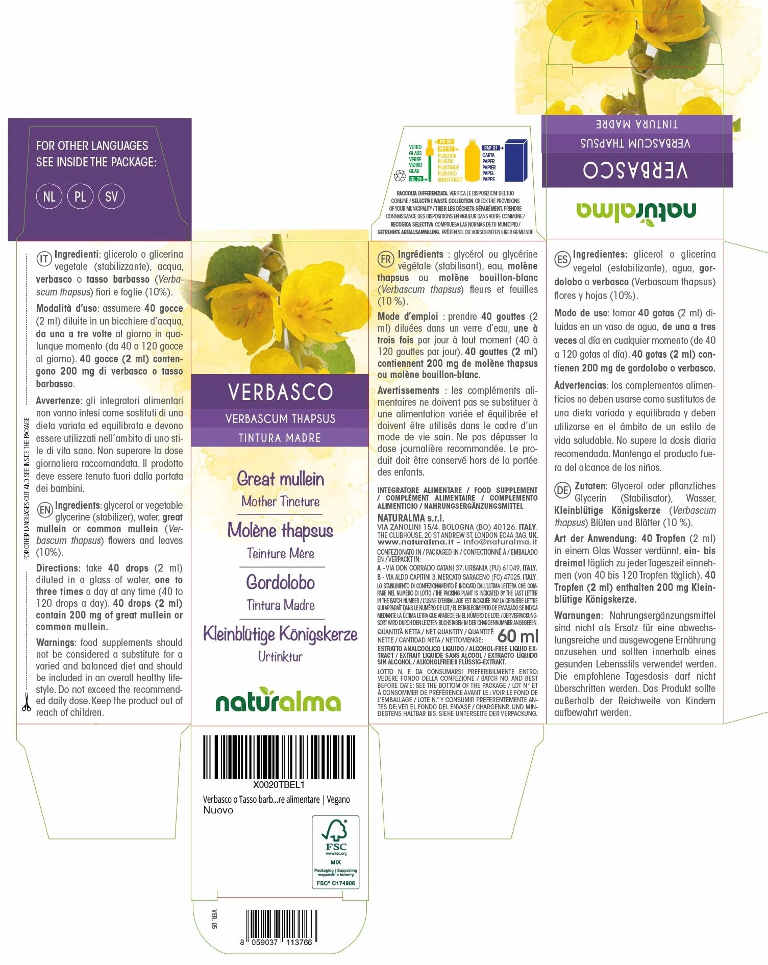 Naturalma Verbasco Tintura Madre analcoolica fiori e foglie 60 ml Integratore alimentare Vegano