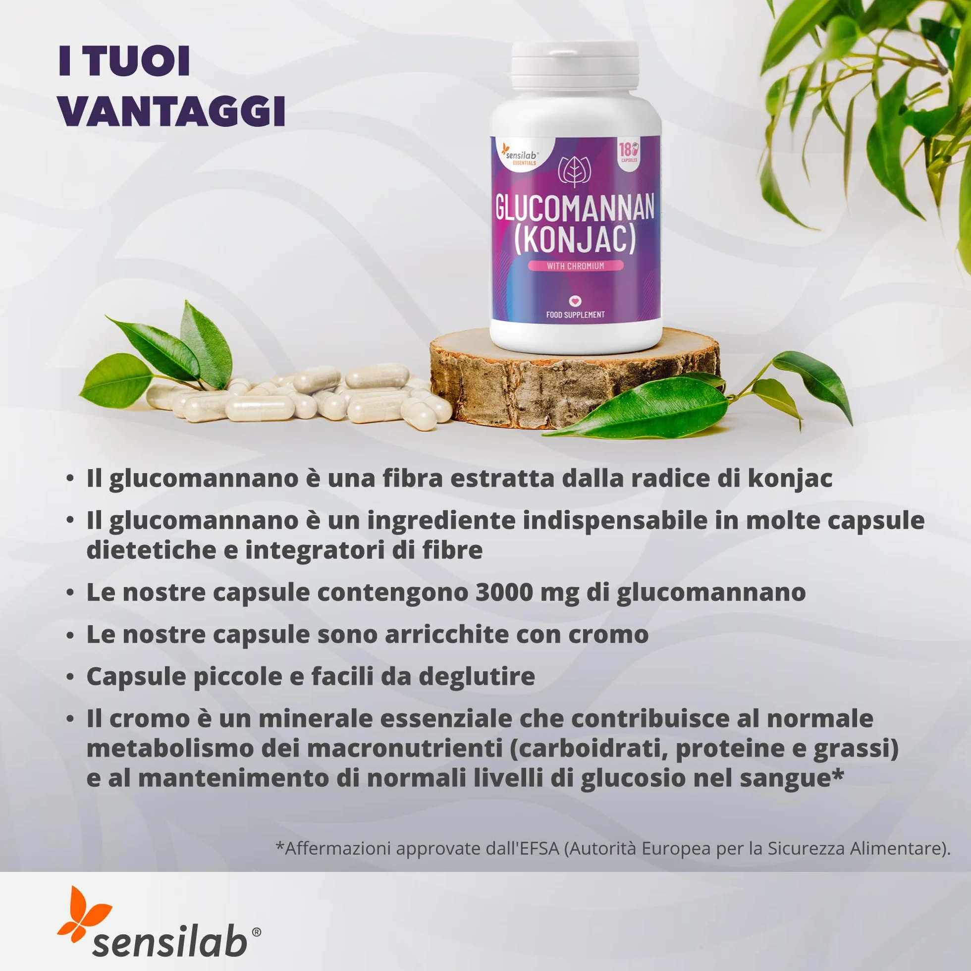 Glucomannano Konjac 3000 mg Capsule Alto Dosaggio con Cromo Fibre Vegane 180 capsule Sensilab Essentials