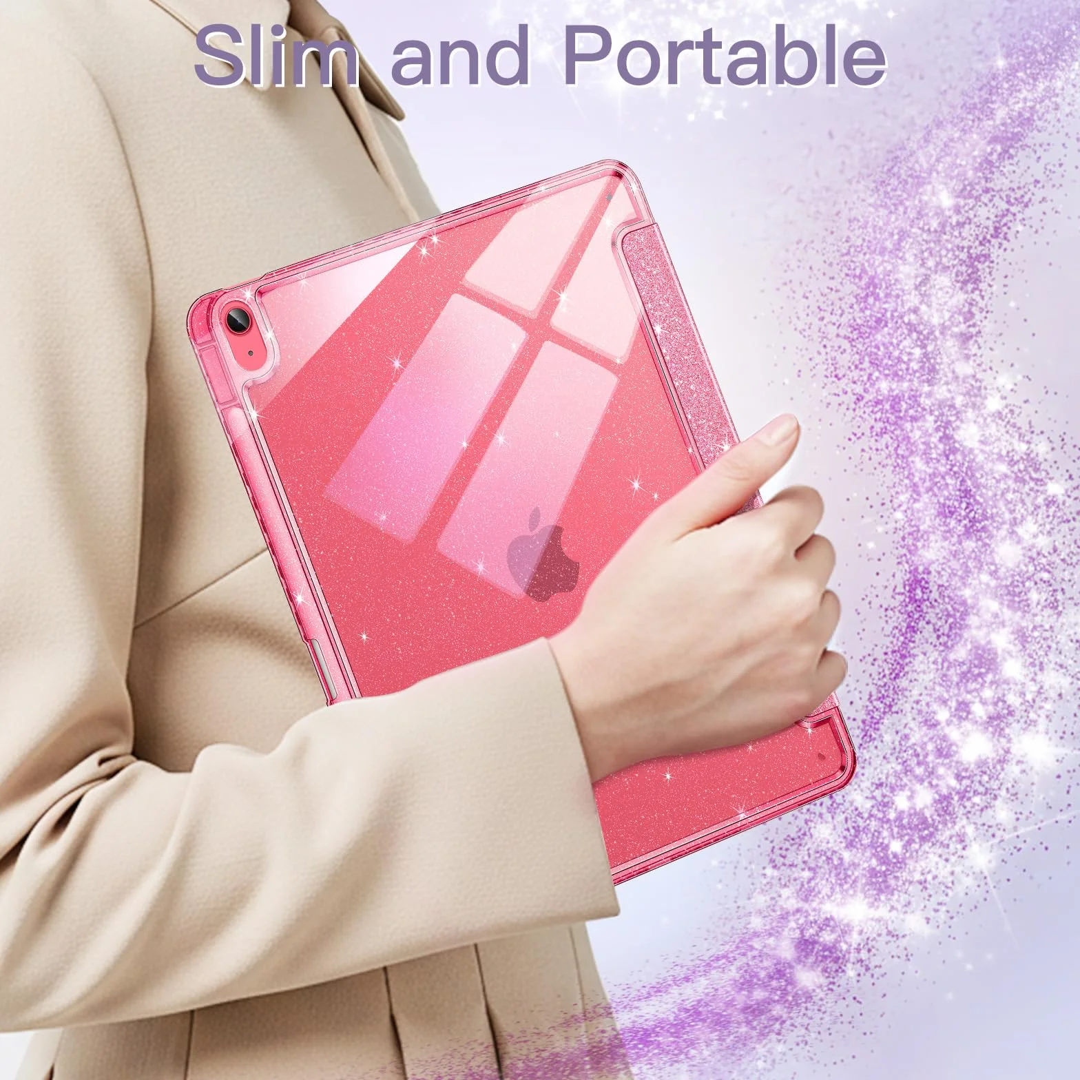 JETech Custodia Glitter per iPad (A16) 11a/10a Generazione (2025/2022) con Portapenne, Cover Sottile Scintillante, Guscio Posteriore Trasparente Lucido (Rosa)