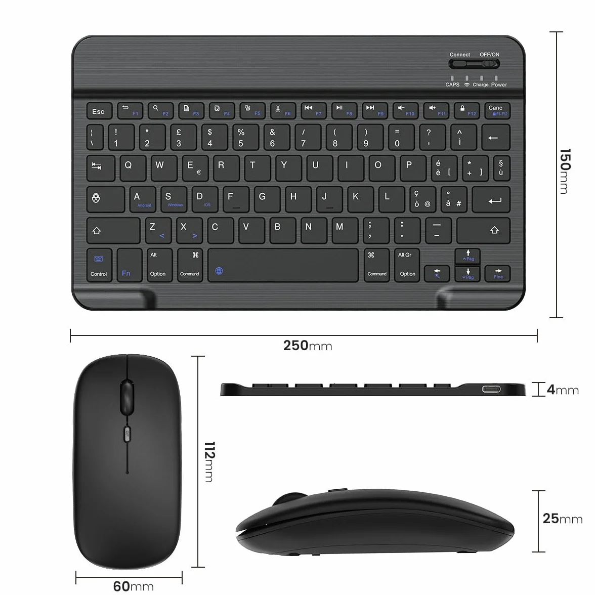 Cimetech Tastiera e mouse wireless Bluetooth, tastiera ergonomica ultrasottile con batteria ricaricabile integrata per iOS, Mac, iPad, Windows e sistemi operativi Android 3.0, Italiano QWERTY, nero