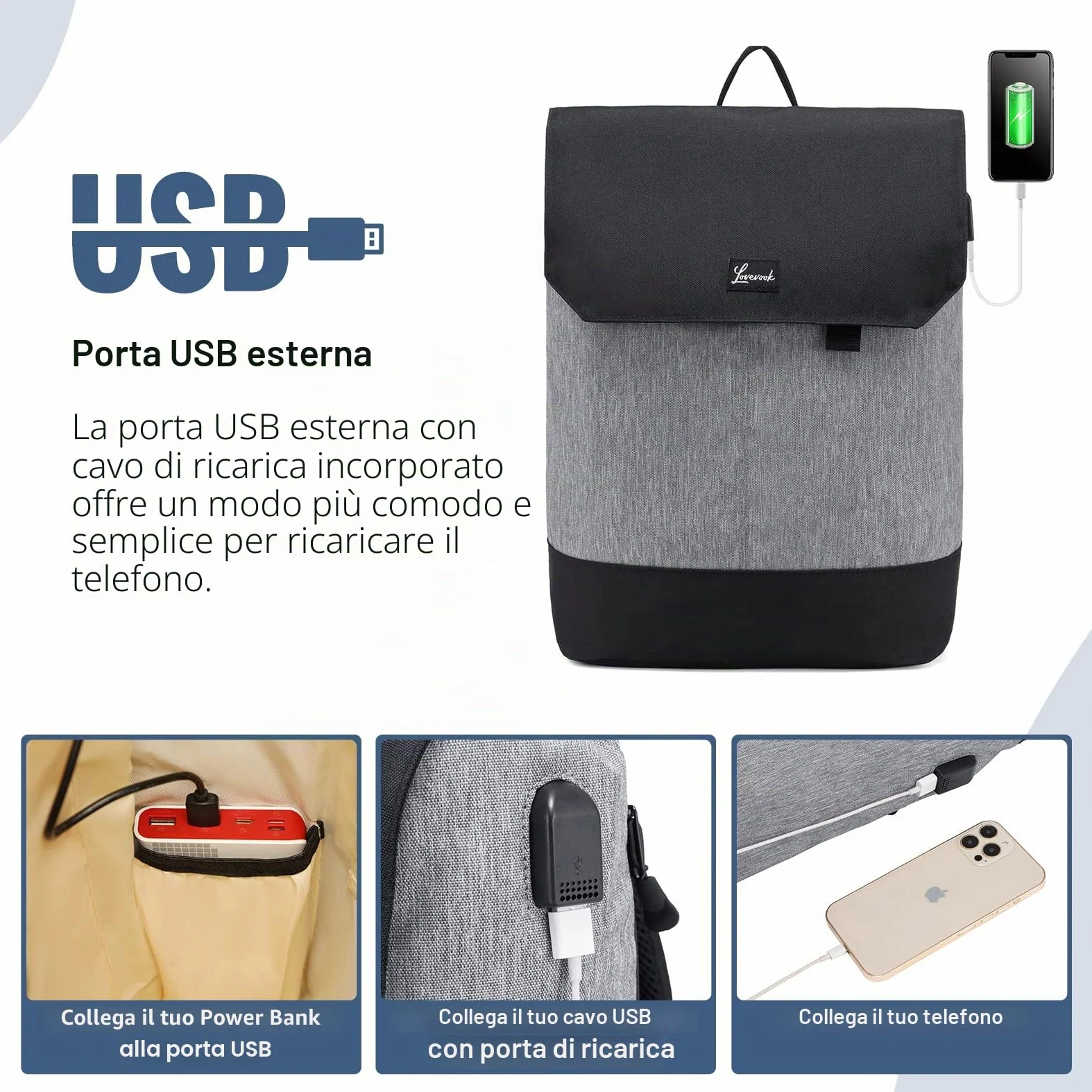 LOVEVOOK Zaino da donna elegante zaino impermeabile con scomparto per computer portatile da 17 pollici e custodia antifurto per gite, università, scuola e ufficio, grigio/nero