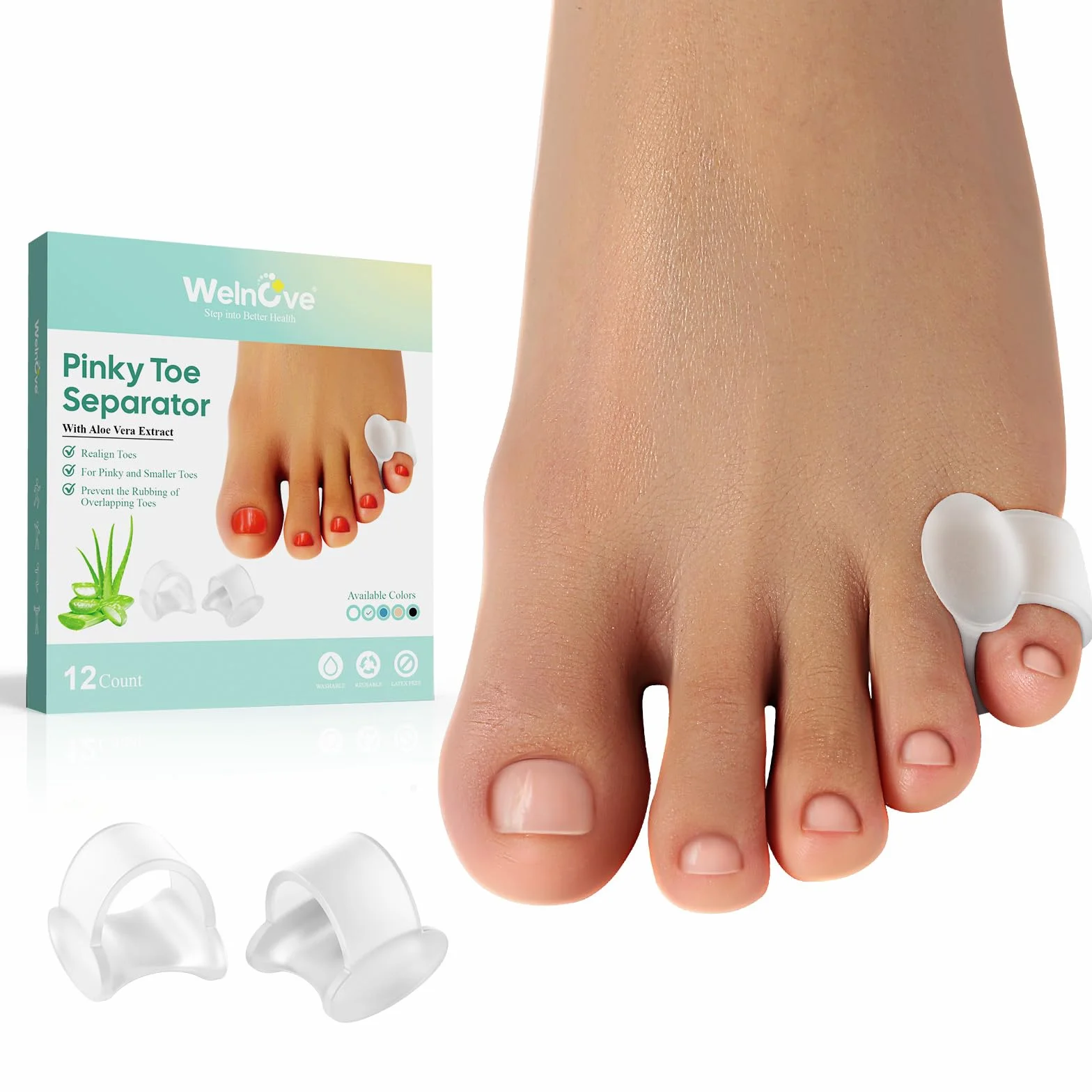 Welnove Separatore per dita dei piedi in gel, confezione da 12 distanziatori per dita mignolo in silicone aloe vera
