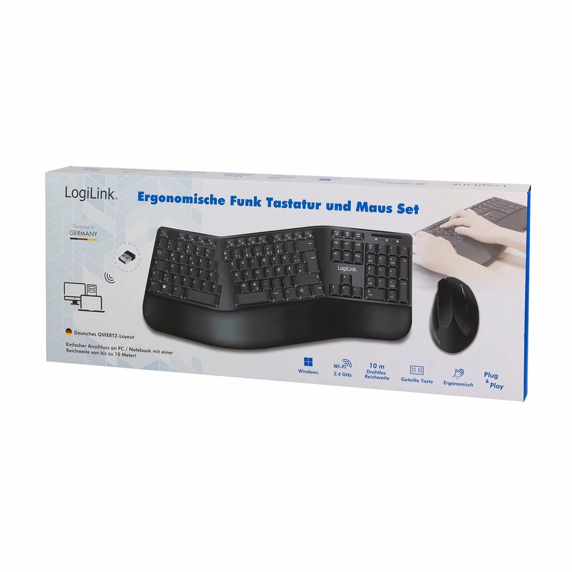 LogiLink Set di mouse ergonomico con tastiera divisa (con 13 tasti multimediali)