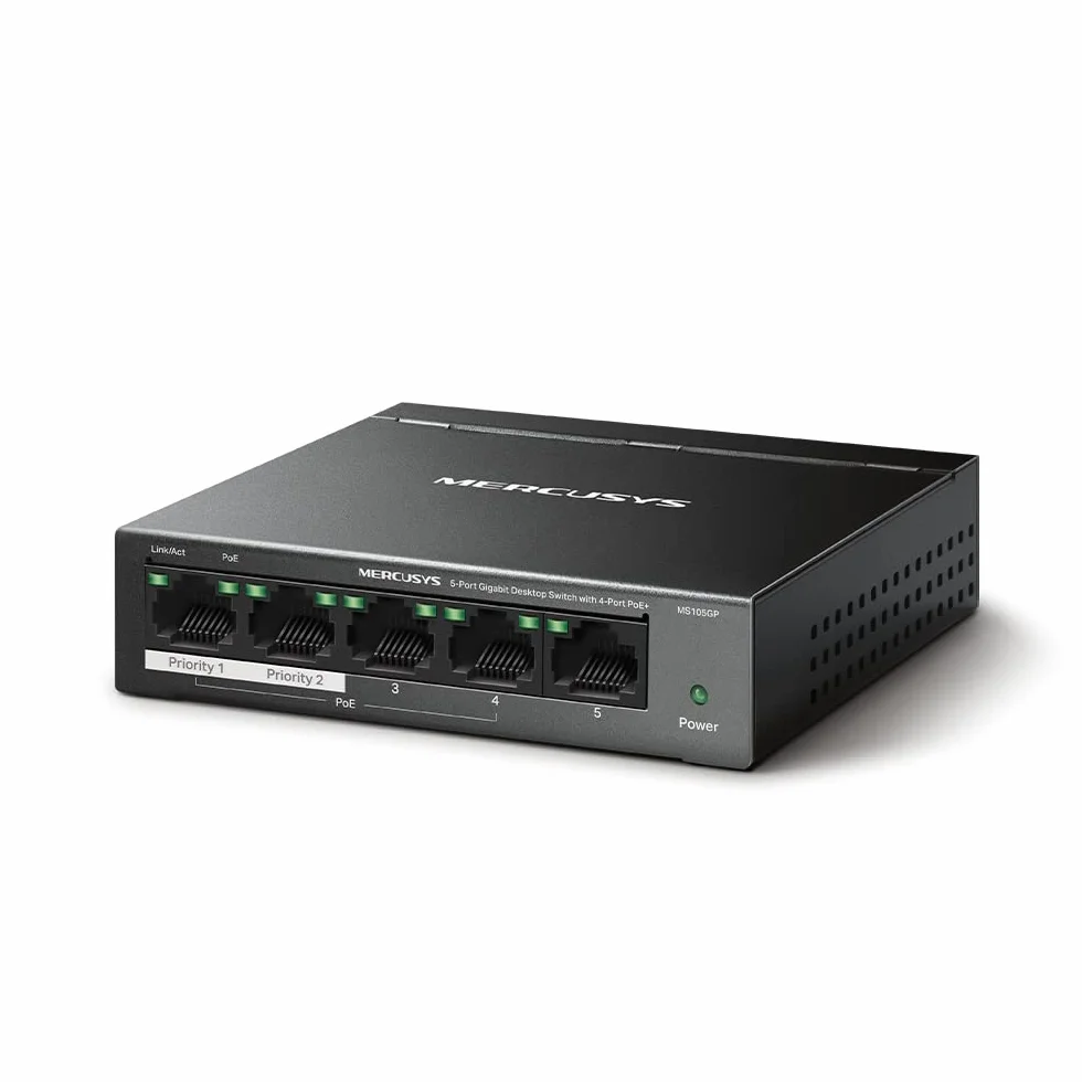 TP-Link Mercusys MS105GP PoE+ Switch 5 Porte Gigabit con 4 PoE+, 30W per Porta PoE, 65W su Tutte le Porte, 802.3af/at, Cassa in Metallo, Durevole e silenzioso, Sdoppiatore Ethernet, Plug&Play