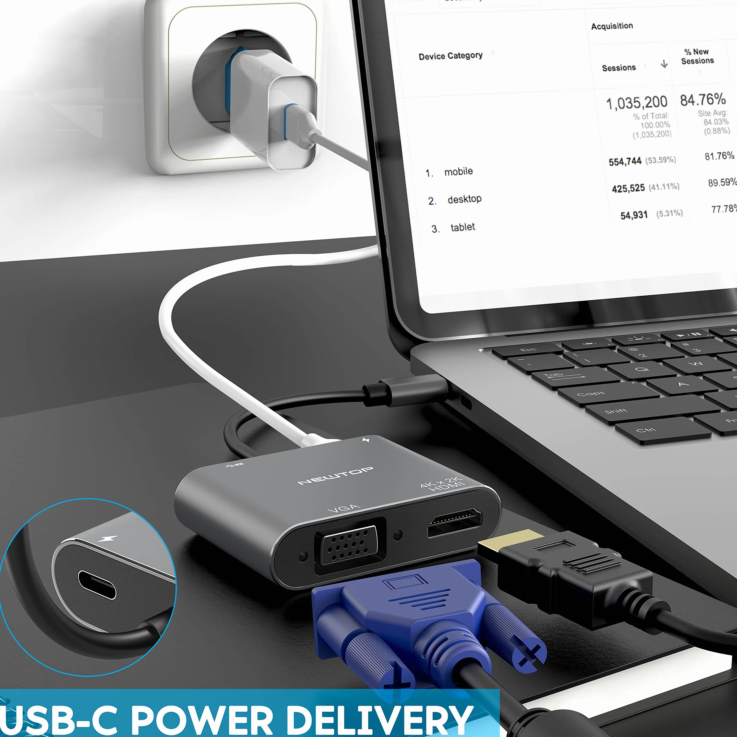N NEWTOP Adattatore 4in1 HUB AD29 da Type-C Maschio a Femmina USB C HDMI 4K HD 2K VGA USB 3.0 Cavo Carica PD OTG Convertitore Video Audio Dati per Notebook Smartphone Console Laptop