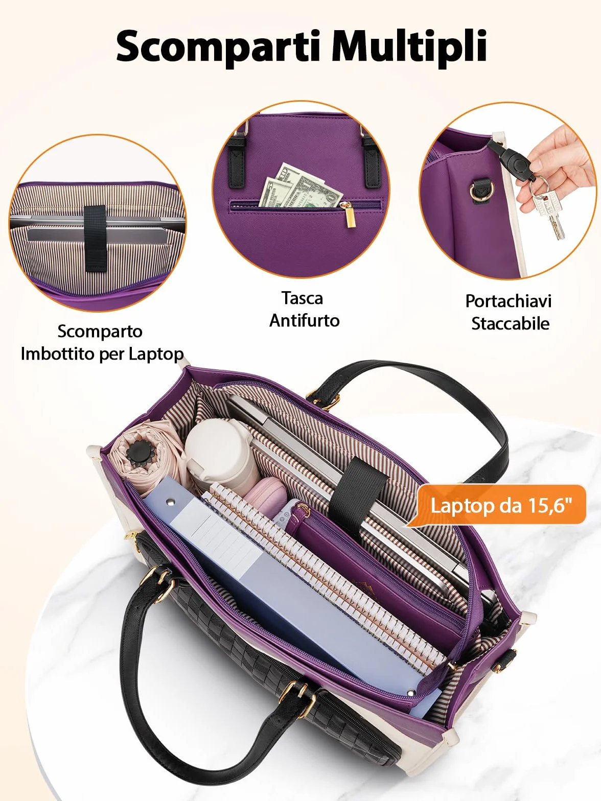 MATEIN Borsa Porta PC Donna con Scomparto Pranzo Isolato, 15,6 Pollici Grande Borsa Tote Elegante con Porta Pranzo, Pochette Impermeabile, Antifurto, per Lavoro Viaggio e Università, Viola