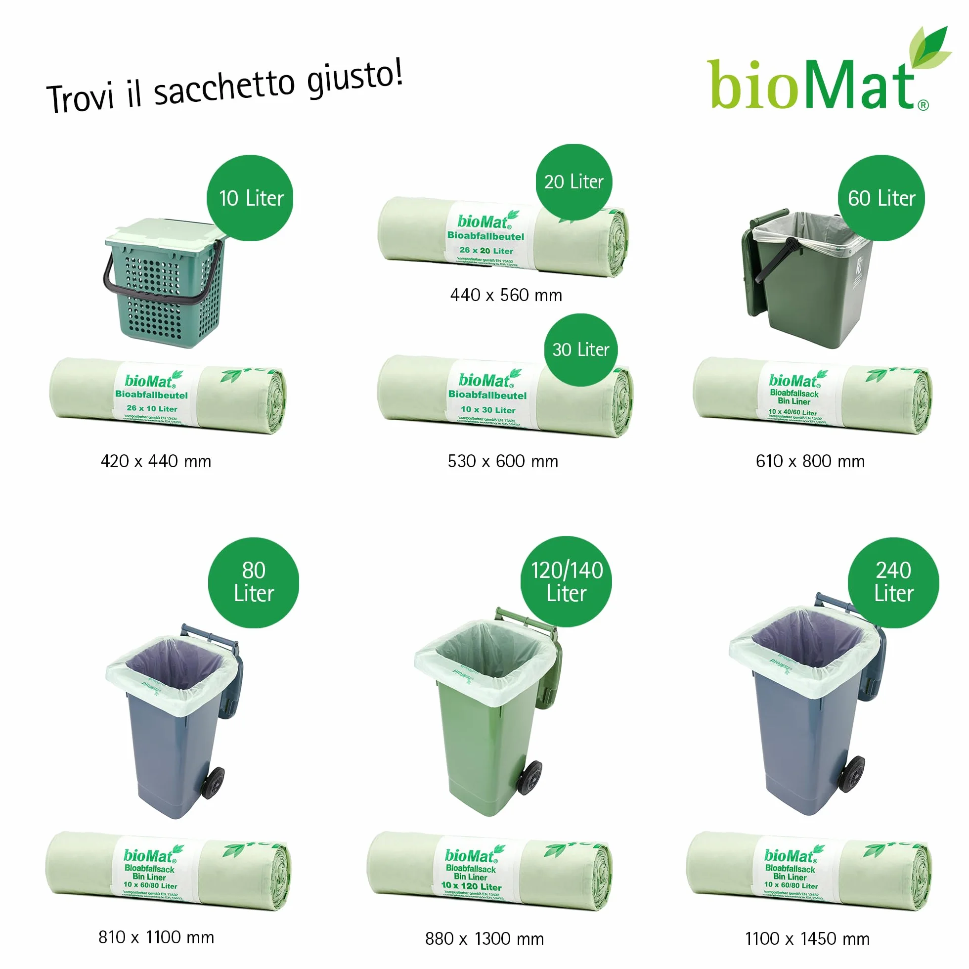 bioMat Sacchetti Compostabili 10l con Manici per Umido 26 Sacchi Certificati DINplus Made in Germany