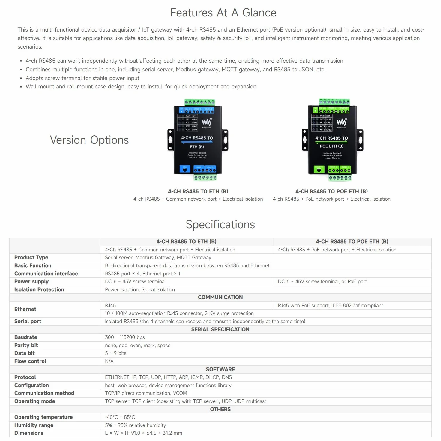 Waveshare 4-Ch RS485 to RJ45 Ethernet Serial Server Modbus Gateway