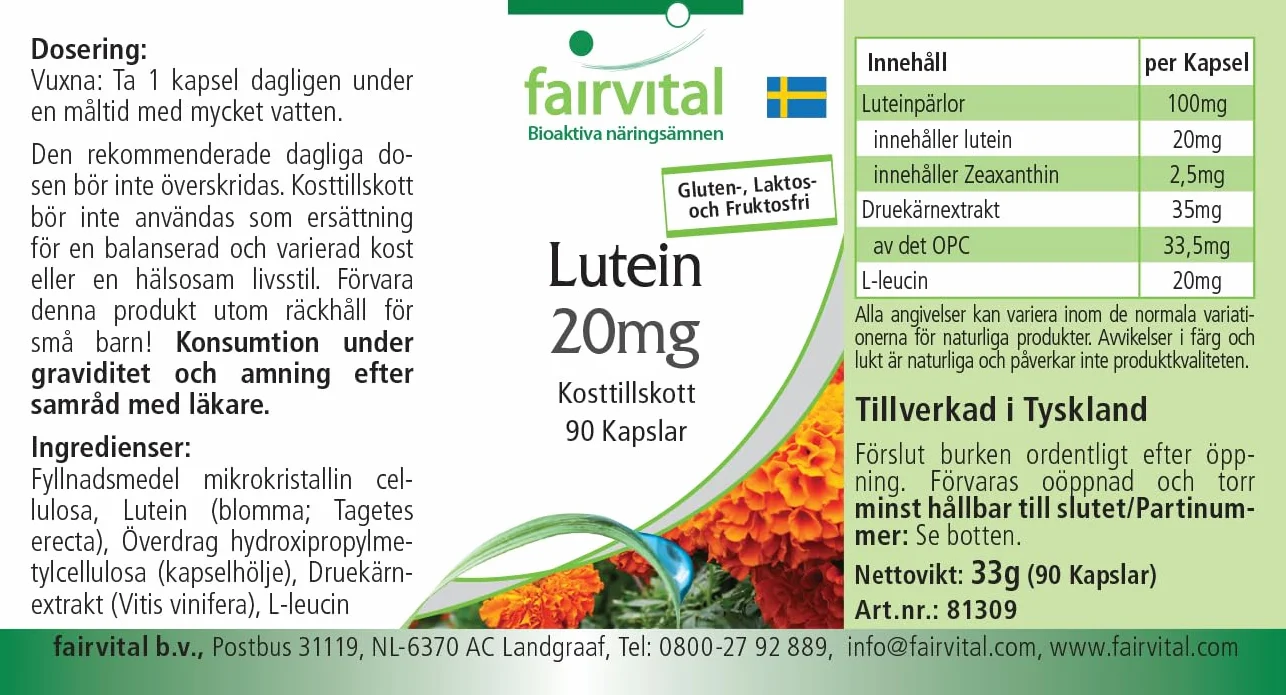Fairvital Luteina 20 mg + Zeaxantina, 90 capsule, vegane, senza stearato di magnesio