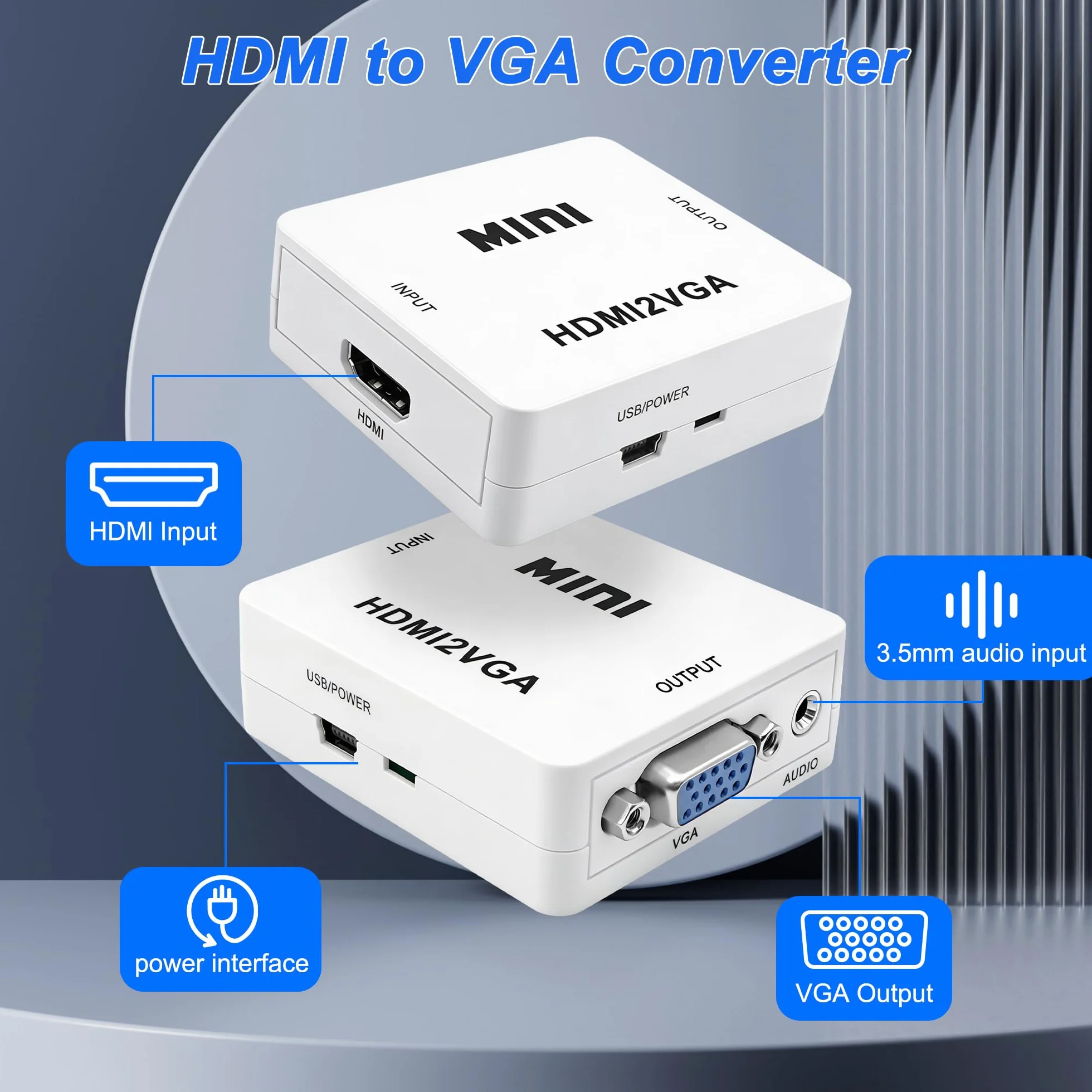 MEIRIYFA Adattatore da HDMI a VGA, adattatore Unidirectional HDMI a VGA con audio da 3,5 mm e cavo di alimentazione Mini USB per computer, desktop, laptop, PC, HDTV, monitor, proiettore e altro ancora