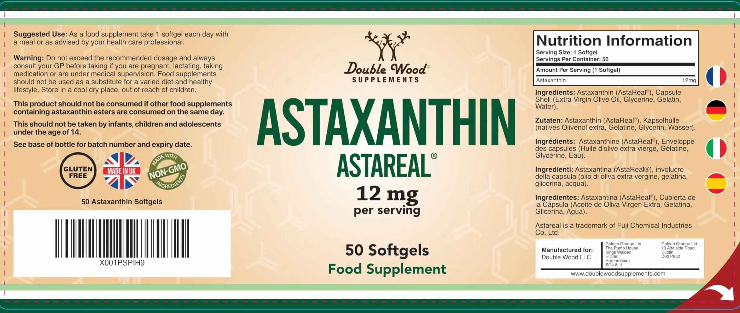 Astaxantina 50 Capsule Softgel 12mg Integratore Antiossidante Non-OGM Senza Glutine