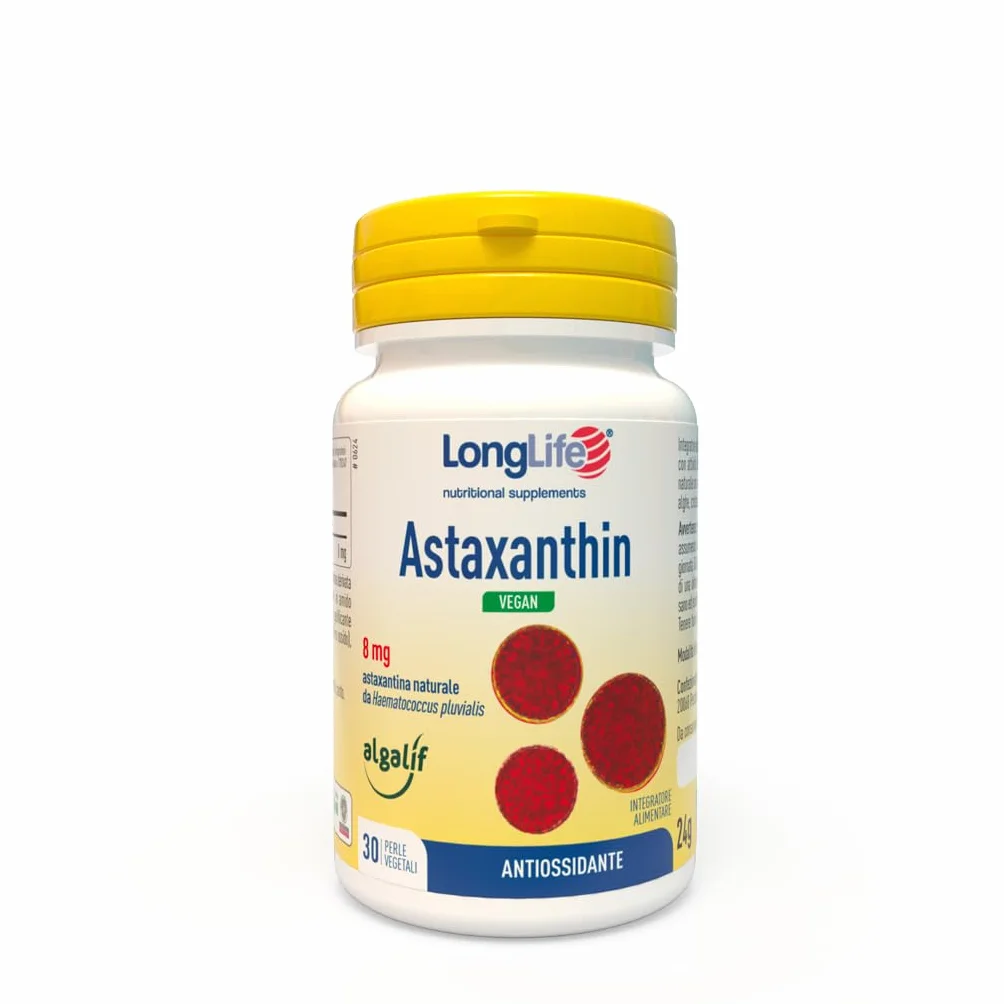 LongLife Astaxanthin Vegan 8 mg Astaxantina Naturale da Microalga Antiossidante Pelle Vegano Senza Glutine