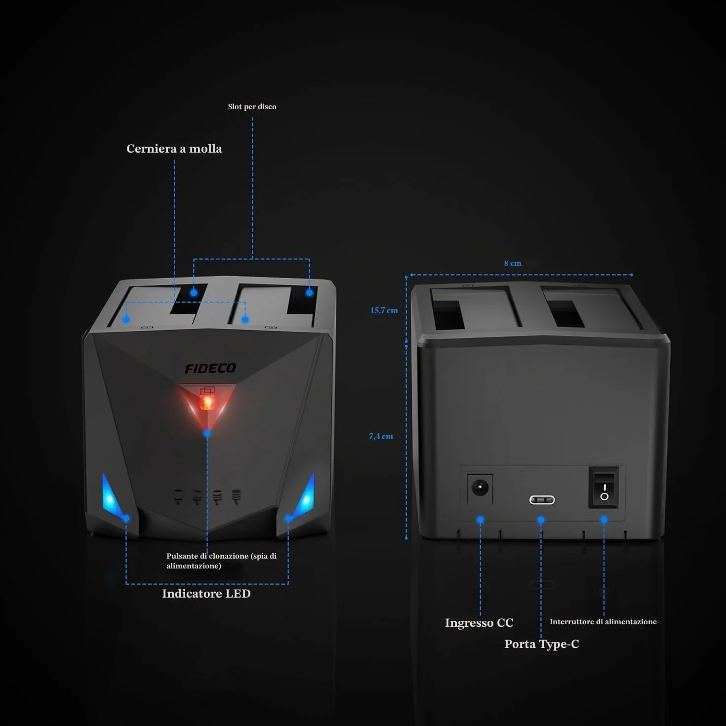 FIDECO Docking Station per Disco Rigido USB 3.2 Gen 1 SATA HDD SSD 2,5" 3,5" Cavo USB A C Clonazione Offline