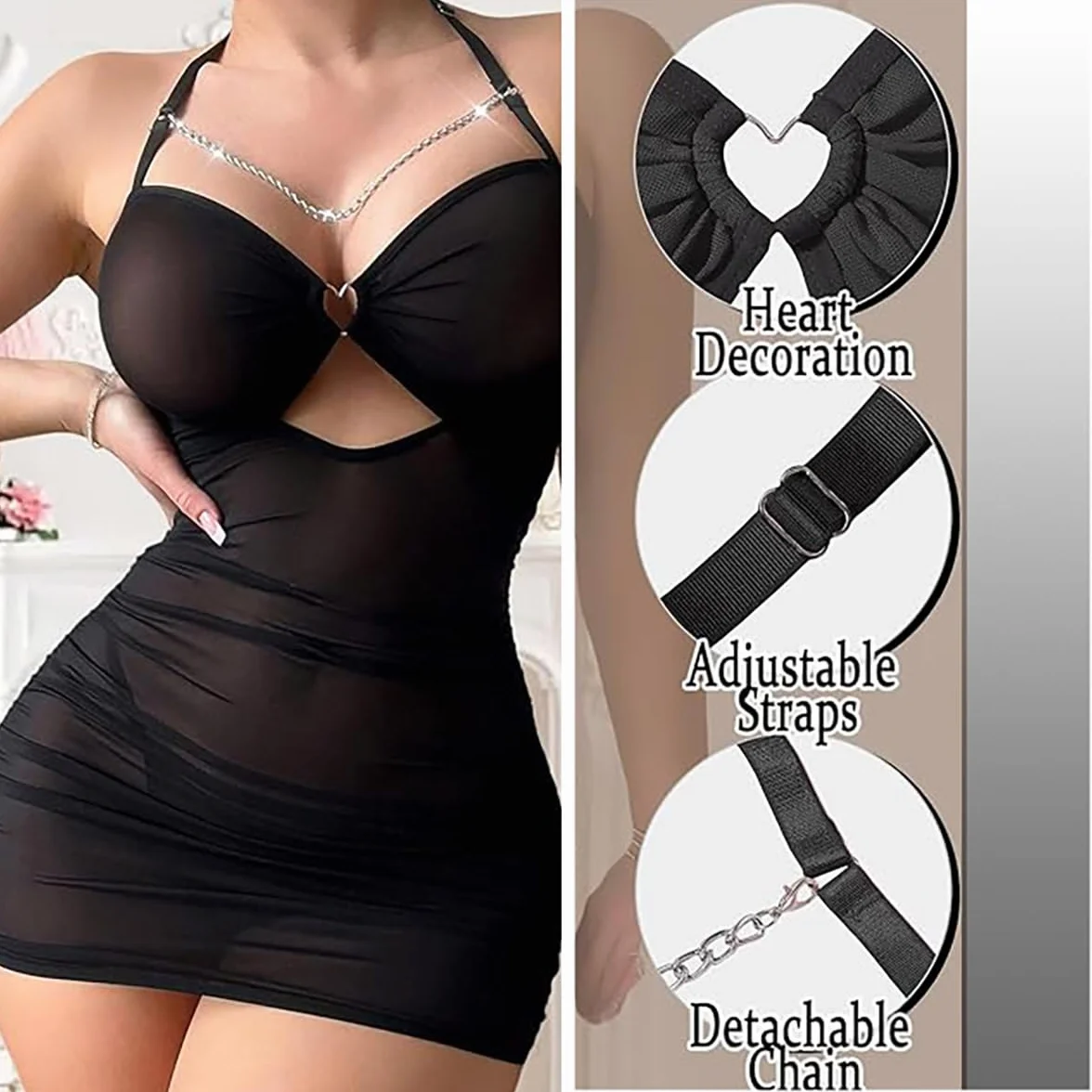 Mini abito in rete trasparente sexy da donna con fascia per il collo e cuore traforato