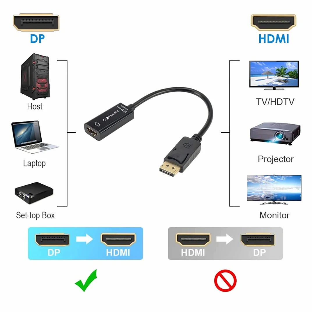 comunica Adattatore Hdmi Displayport, DP (Display Port) Maschio a Hdmi Femmina Risoluzione 4K Hdmi to Display Port Connettori Dorati