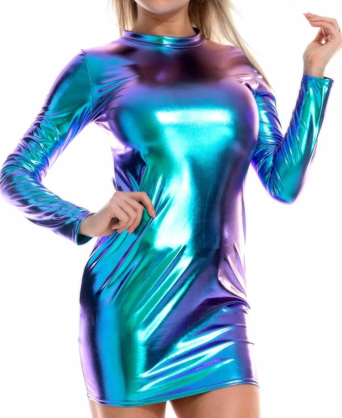 Abito da donna lucido a maniche lunghe, mini abito aderente in pelle elasticizzata sexy effetto bagnato per spettacoli feste notturne