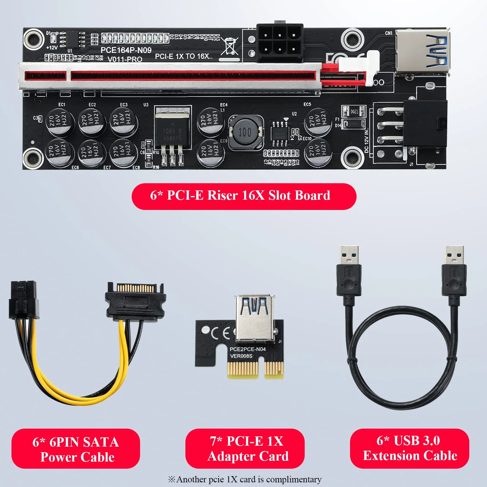PCIe Riser Adapter Card, PCI-E Riser 1X to 16X Graphics Extension per Ethereum ETH Bitcoin Mining Devices, Digital Cryptocurrency Mining Rig (6 Pezzi)