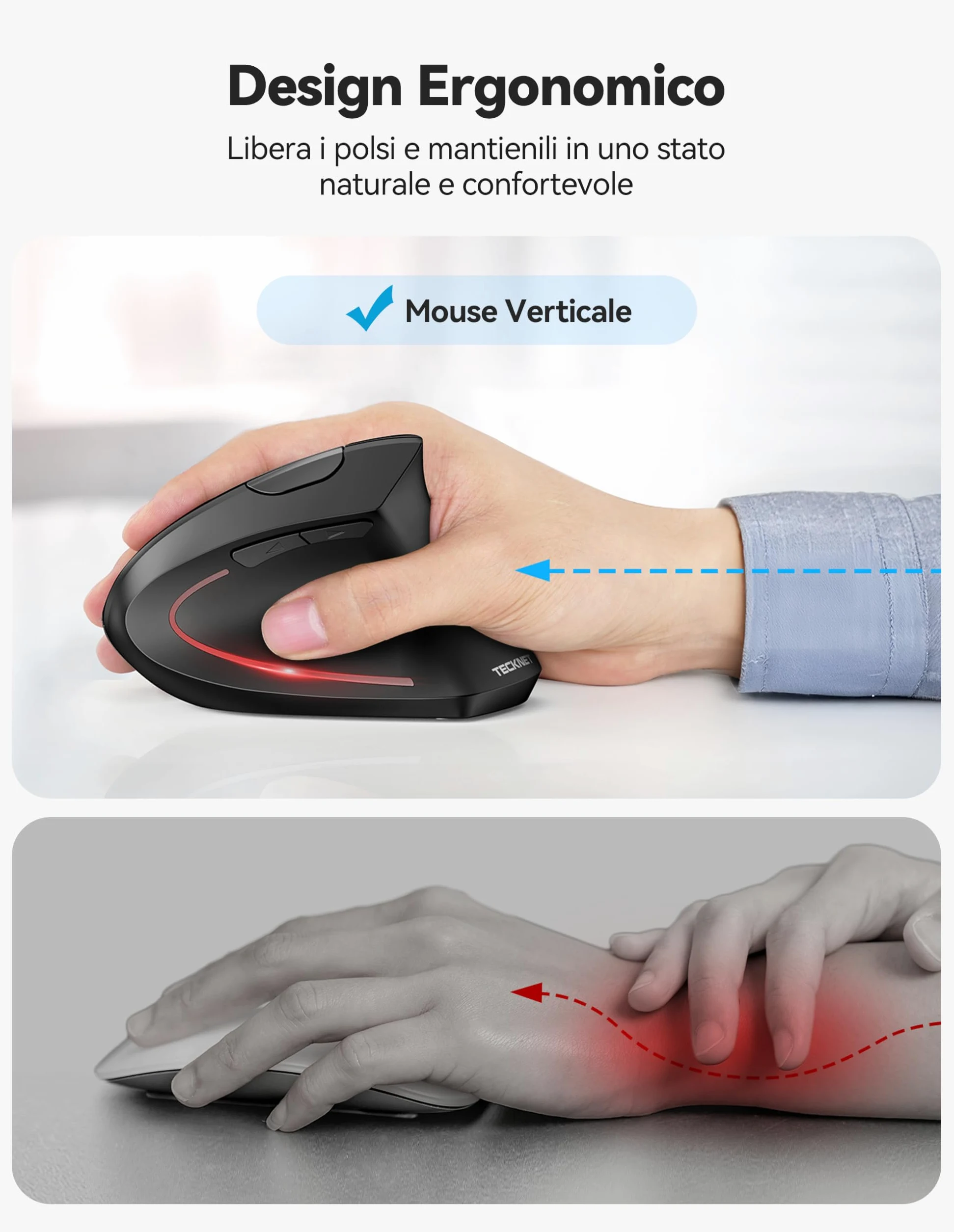 TECKNET Mouse Verticale, Mouse Bluetooth Ergonomico Ricaricabile, Wireless Ottico Right Handed 6 Pulsanti, Multi-dispositivo (BT5.0/3.0+USB-A), 4800 DPI 6 Livelli Regolabili, Ampia compatibilità-Nero