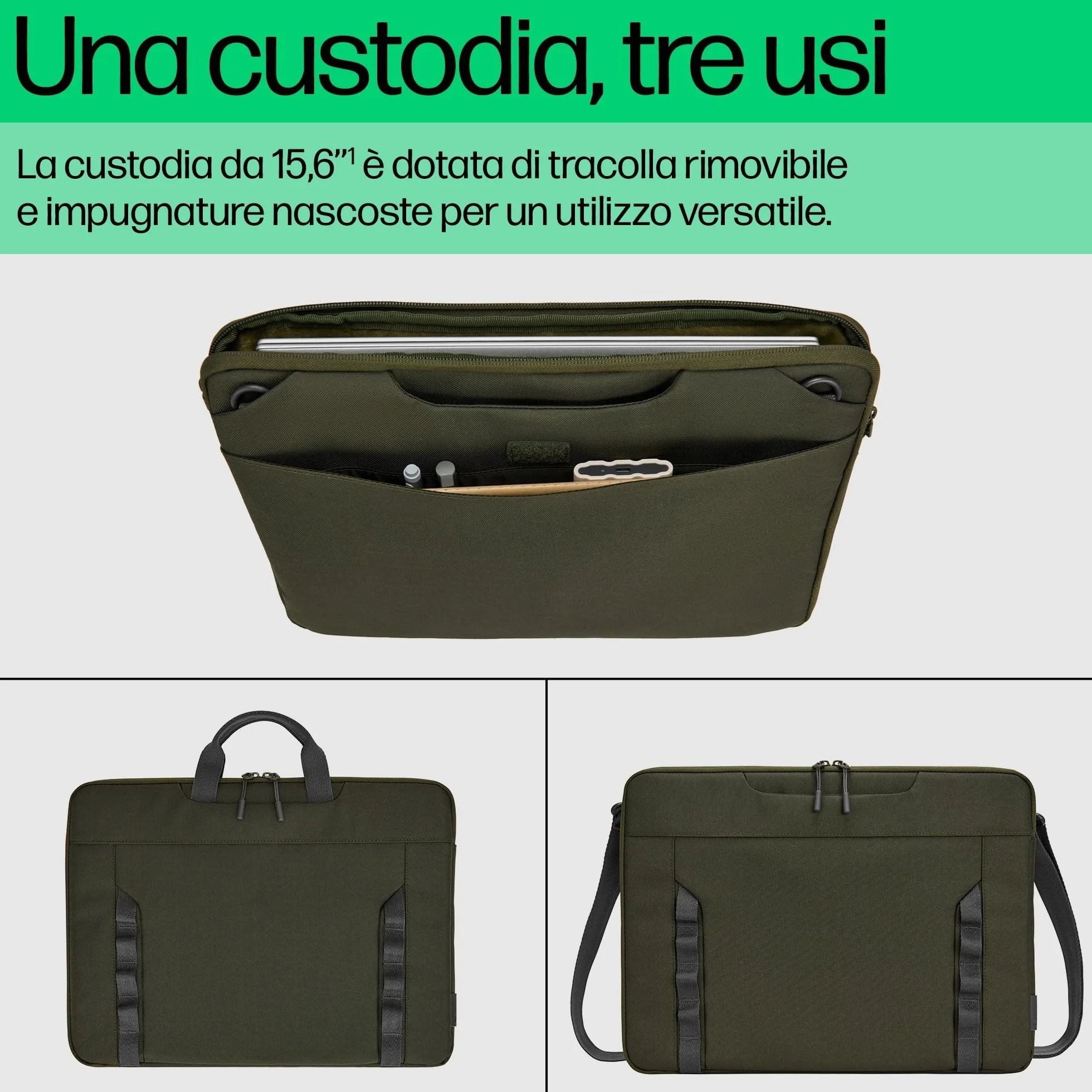 HP Custodia Modulare per Notebook fino a 15.6", 3 Modalità d'Uso, Tasche Interne e Esterne, Resistente all'Acqua, Tracolla Removibile, Design Sottile, Creata con Materiale Riciclato,Grigia/Verde