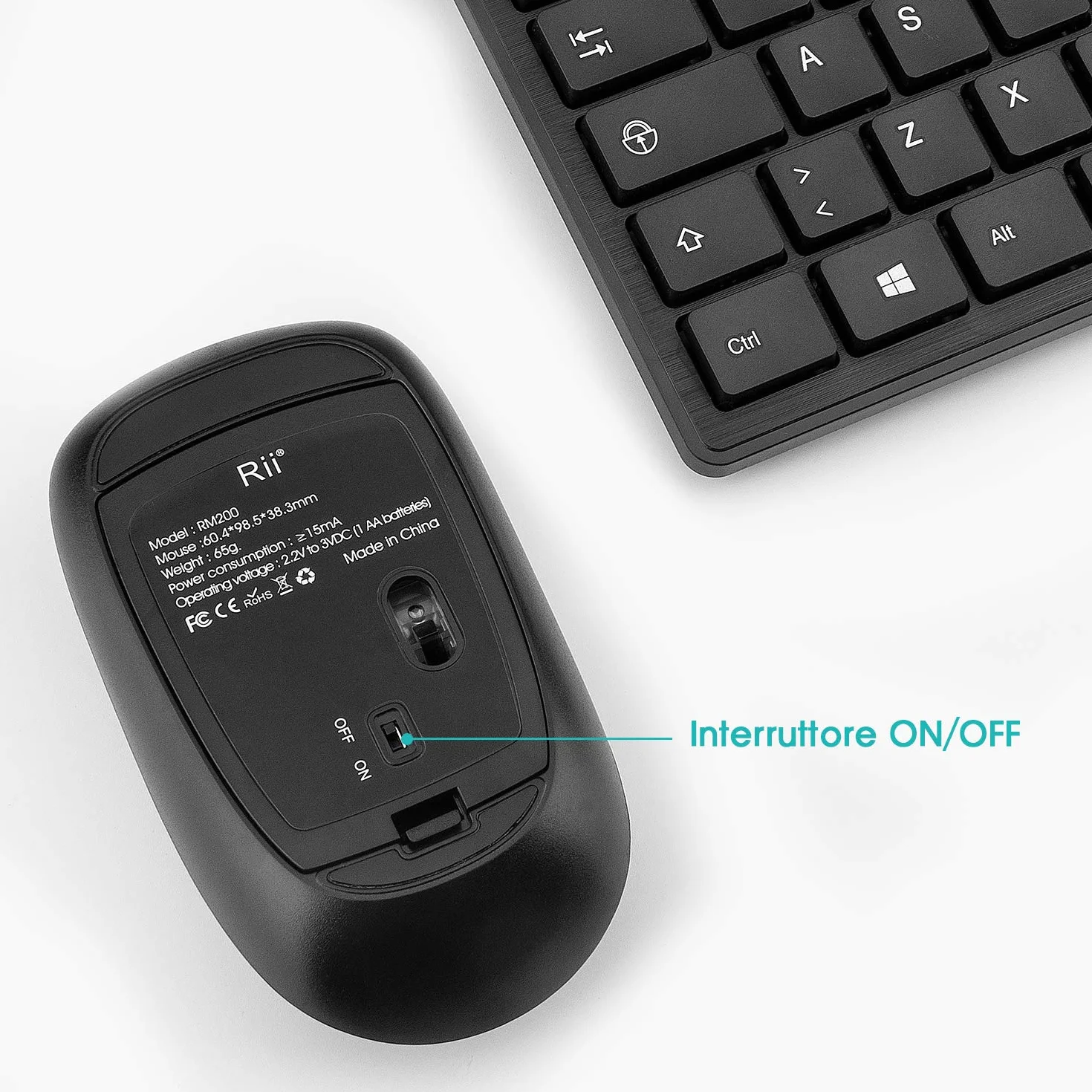 Rii RK200 Wireless - Set Tastiera e Mouse Senza Fili, Tastiera silenziosa con tastierino numerico, Mouse con sensibilità Regolabile, Design Elegante e Minimalista
